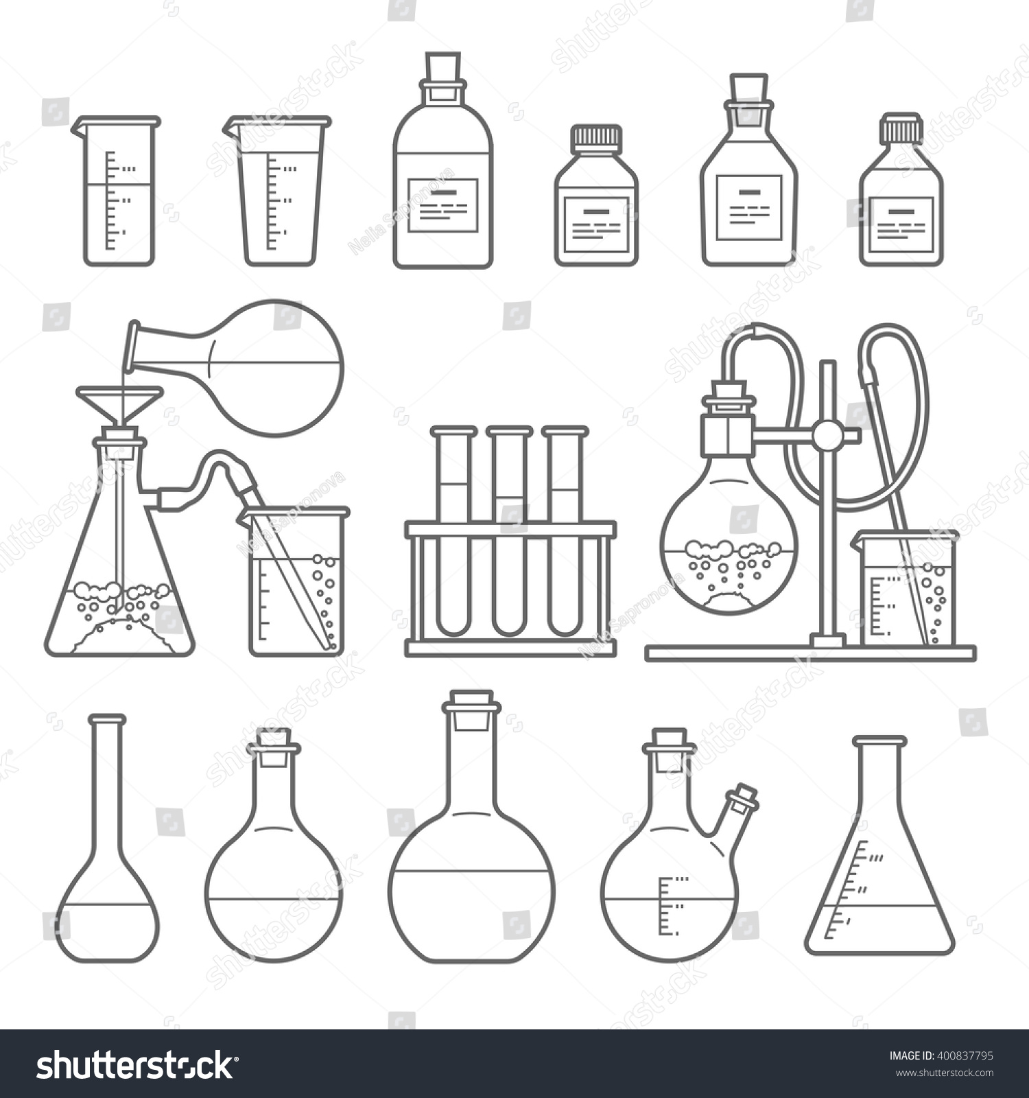 Set In Line Style. Chemical Flask. Erlenmeyer Flask, Distilling Flask ...