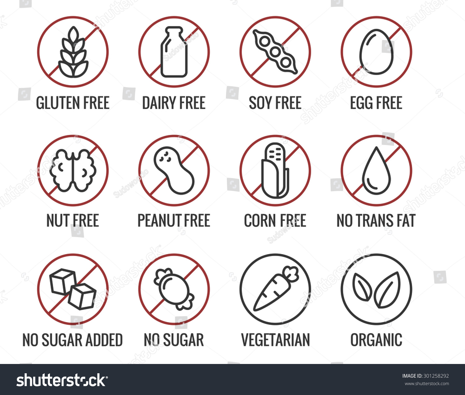 SVG of Set ingredient warning label icons. Common allergens (gluten, lactose, soy, corn and more), sugar and trans fat, vegetarian and organic symbols. svg