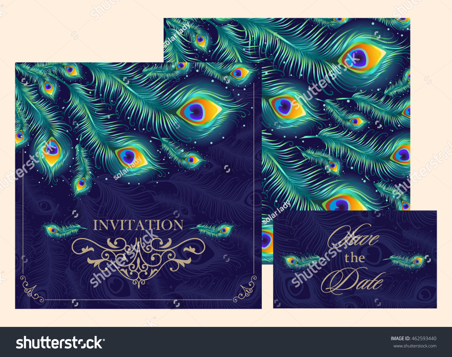 10 926 Peacock Invitations Images Stock Photos Vectors Shutterstock   Stock Vector Set Invitation Card With Peacock Feather Vector Illustration 462593440 