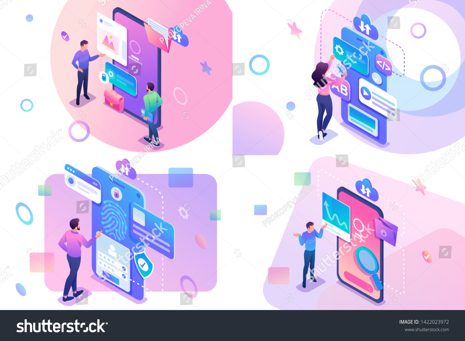 SVG of Set isometric concept with young teenagers information search and protection, mobile application development. For website and mobile apps development svg