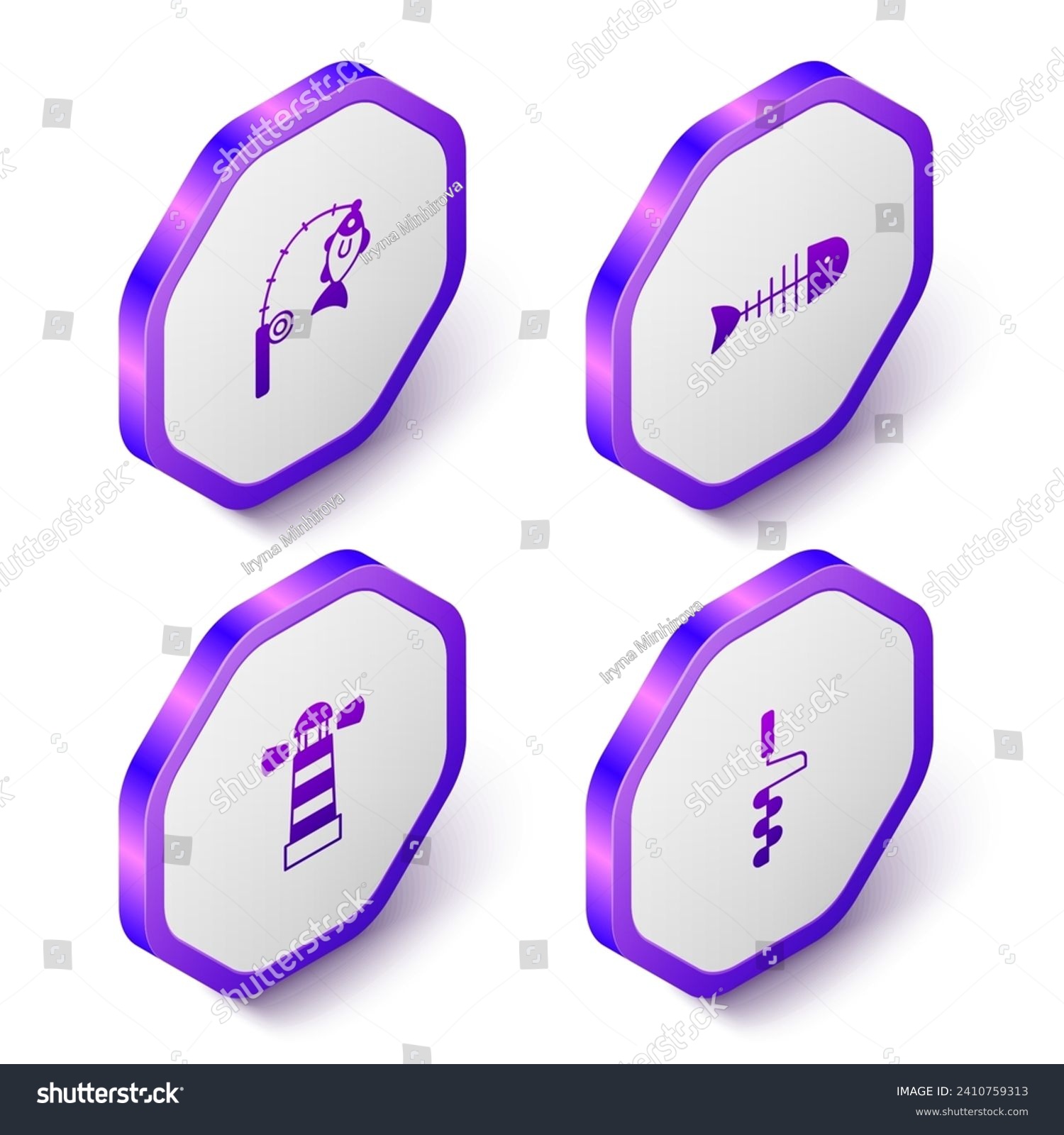 SVG of Set Isometric Fishing rod and fish, skeleton, Lighthouse and Hand ice drill icon. Purple hexagon button. Vector svg