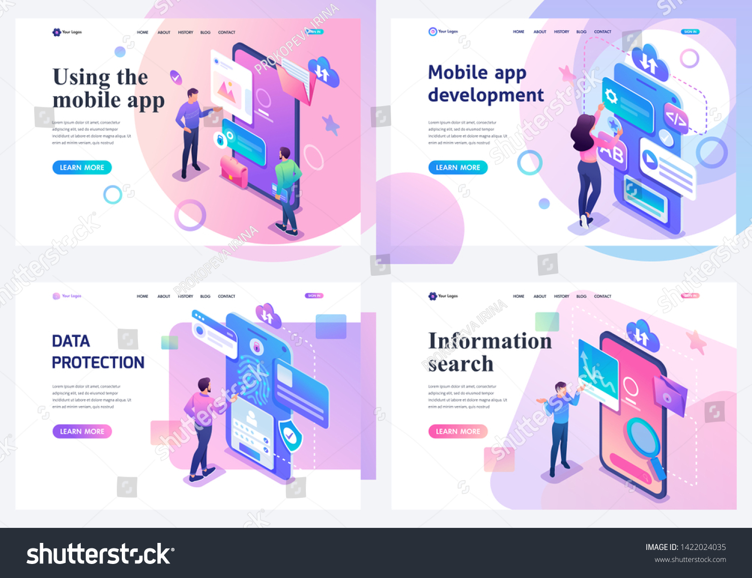 SVG of Set isometric landing pages, a concept with young teenagers information search and protection, mobile application development. For website and mobile apps development svg