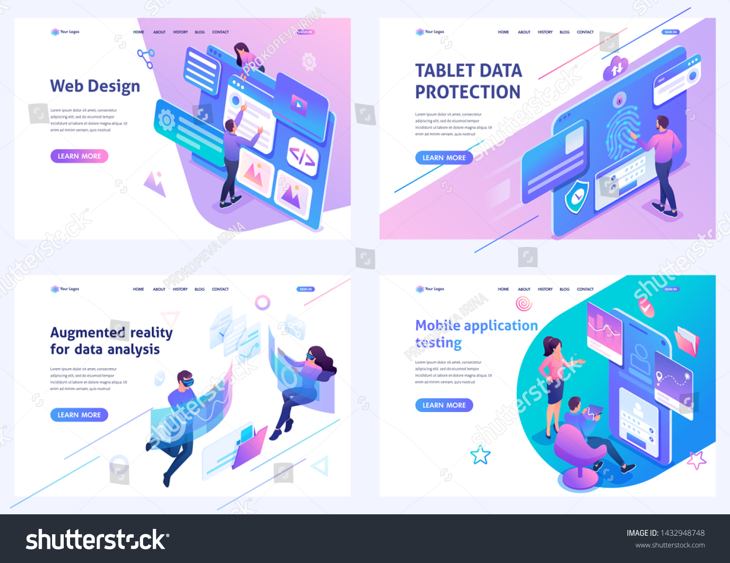 SVG of Set isometric landing pages, on the topic of web design, information security, mobile application testing, alternative reality. For website and mobile apps develop svg