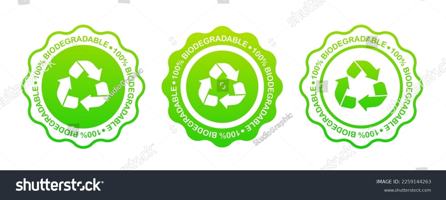 SVG of Set label 100% biodegradable 100% compostable icon, logo. Green leaves in a circle. Round biodegradable symbol. Natural recyclable packaging sign. Eco friendly product. Vector illustration svg
