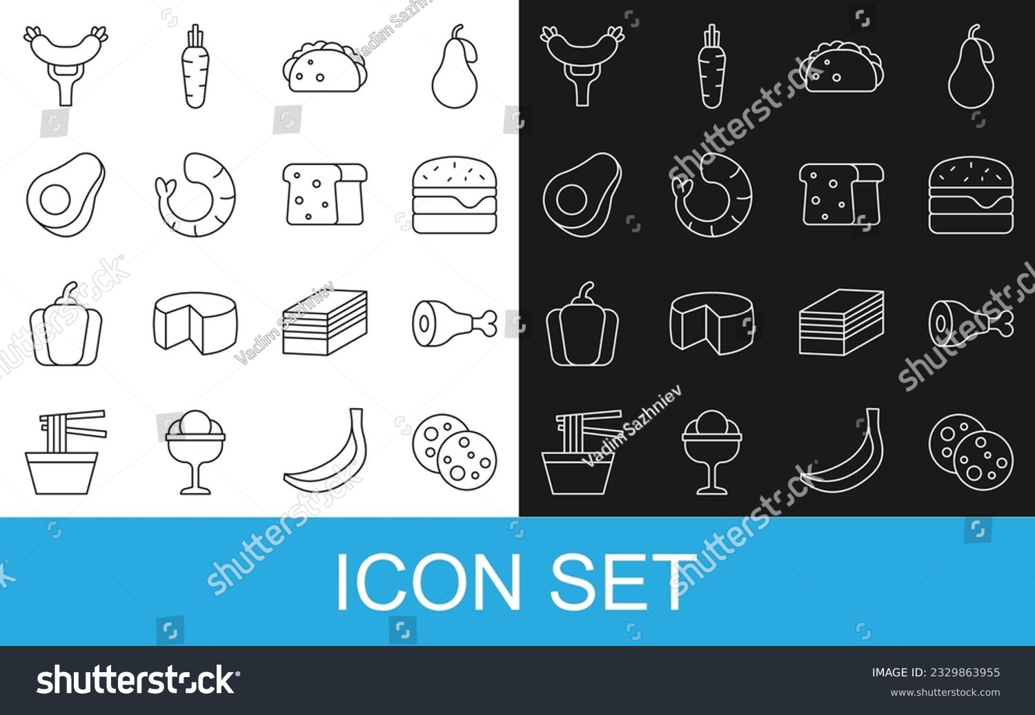 SVG of Set line Cookie with chocolate, Chicken leg, Burger, Taco tortilla, Shrimp, Avocado fruit, Sausage on the fork and Bread toast icon. Vector svg