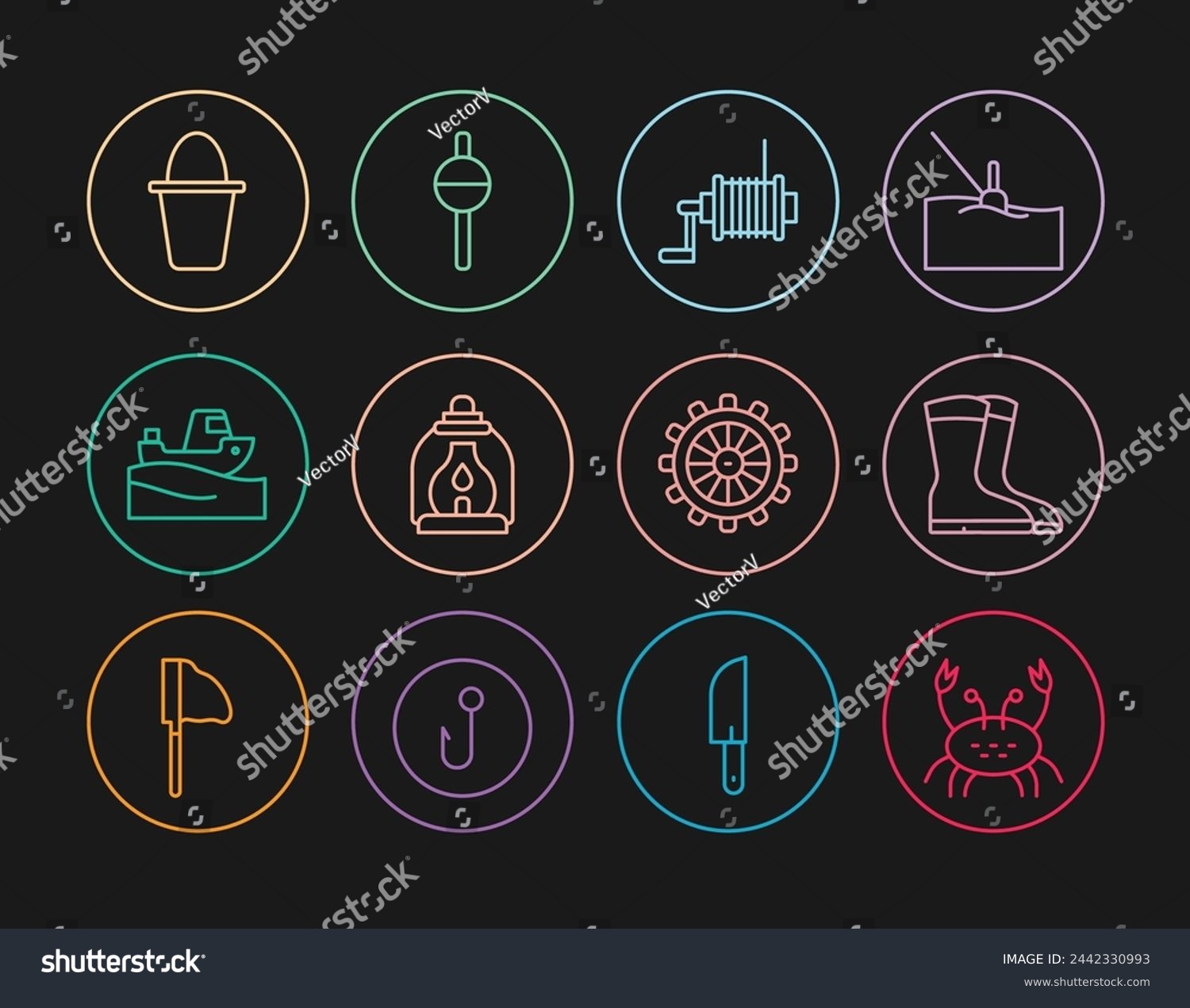 SVG of Set line Crab, Fishing boots, Spinning reel for fishing, Camping lantern, boat on water, bucket, Ship steering wheel and float icon. Vector svg