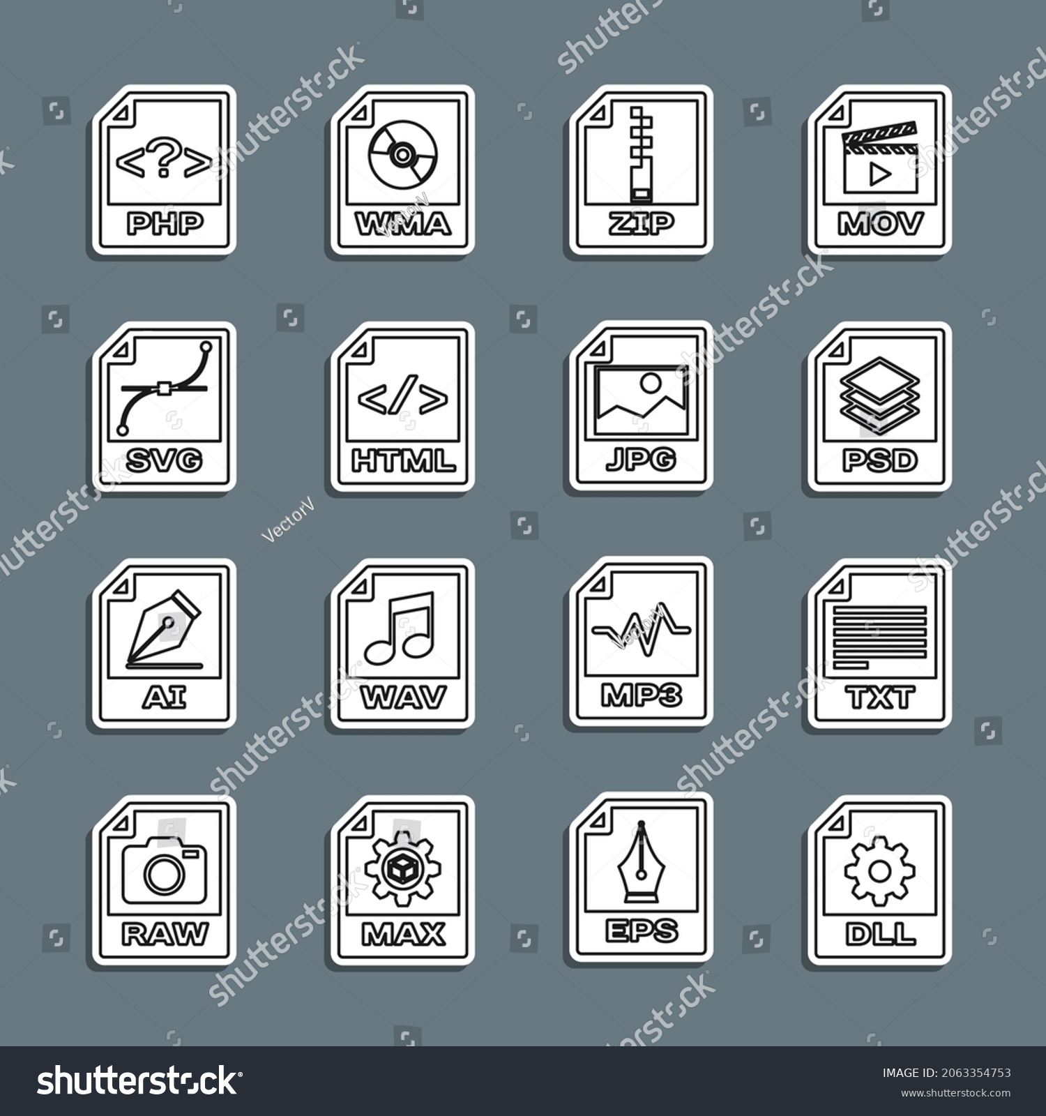 SVG of Set line DLL file document, TXT, PSD, ZIP, HTML, SVG, PHP and JPG icon. Vector svg