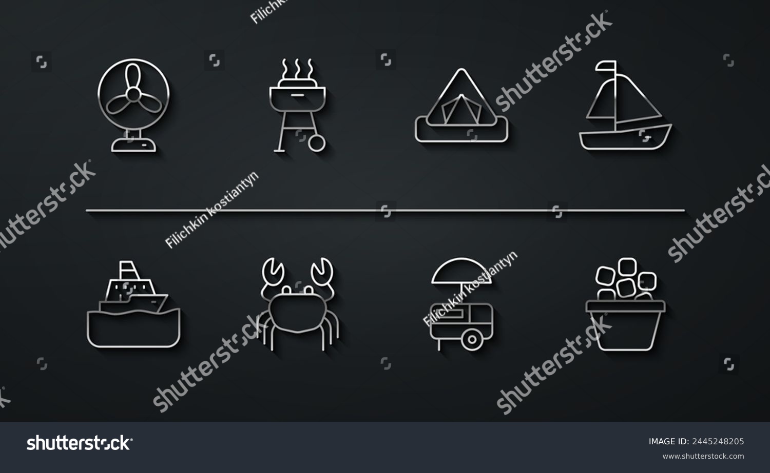 SVG of Set line Electric fan, Cruise ship, Yacht sailboat, Fast street food cart, Crab, Barbecue grill, Ice bucket and Tourist tent icon. Vector svg