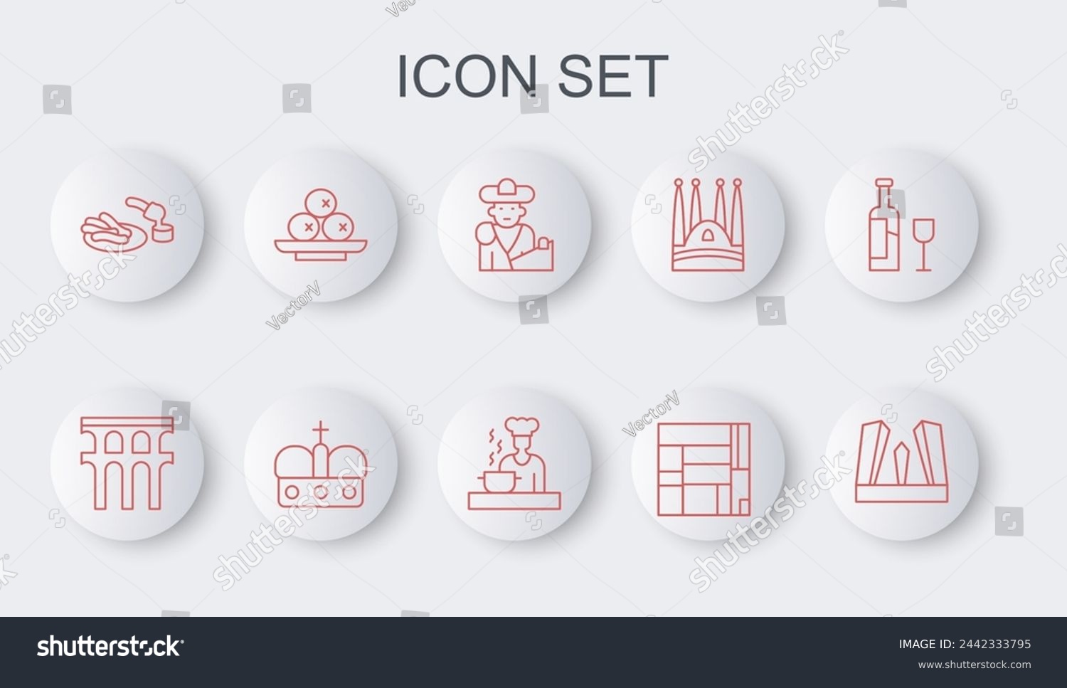 SVG of Set line Gate of Europe, Aqueduct Segovia, Bullfight, matador, House Edificio Mirador, Churros and chocolate, Olives on plate, Crown spain and Spanish cook icon. Vector svg
