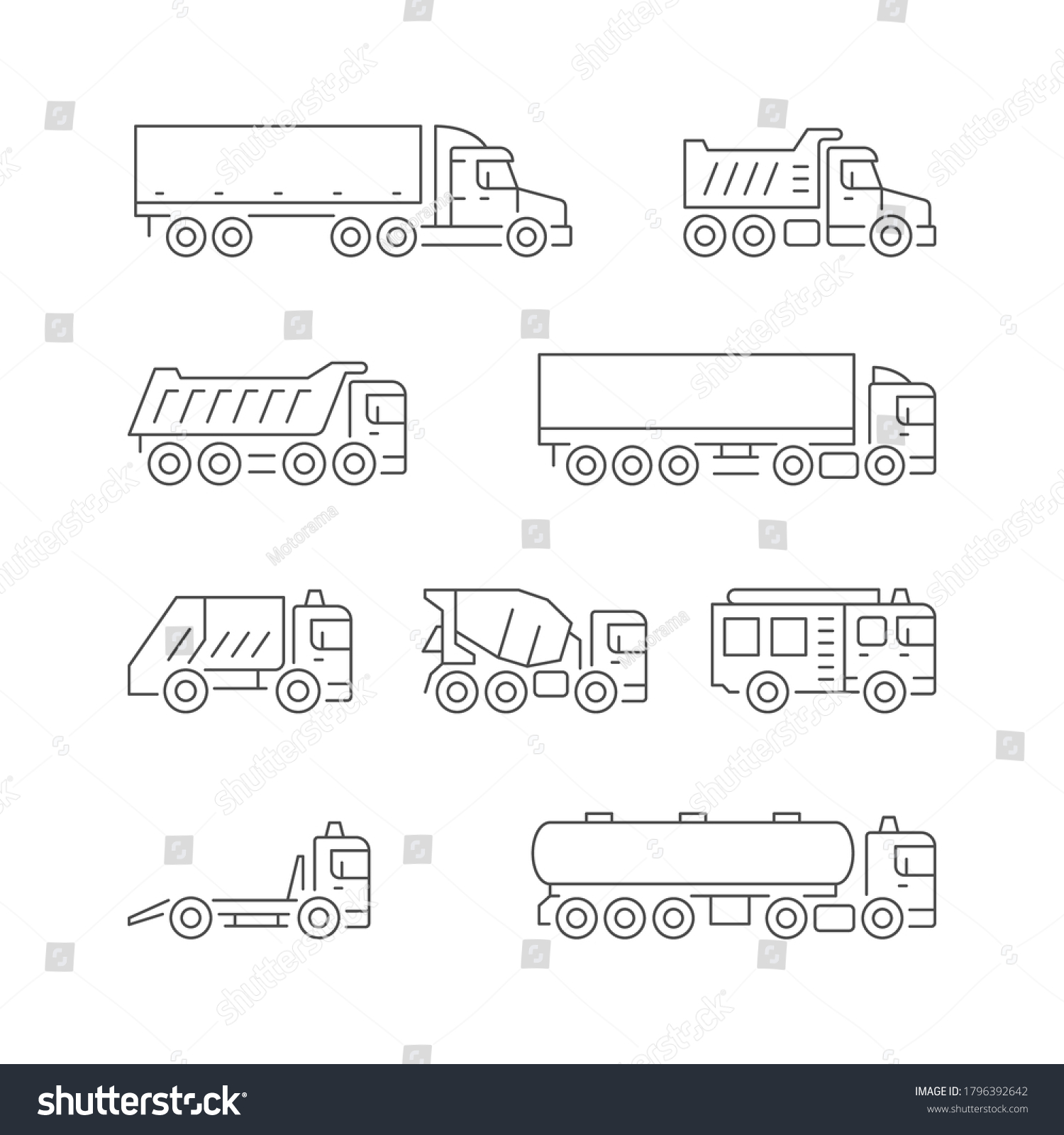 SVG of Set line icons of trucks isolated on white. Trailer, dumper, garbage truck, concrete mixer, fire engine, tow truck, tanker. Freight transportation. Vector illustration svg