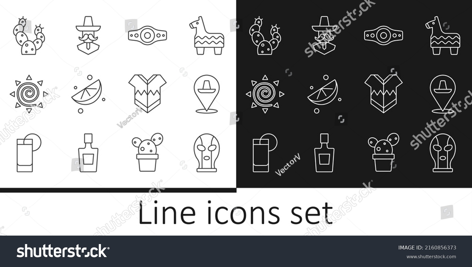 SVG of Set line Mexican wrestler, sombrero, Wrestling championship belt, Sliced lime, Sun, Cactus, Poncho and man icon. Vector svg
