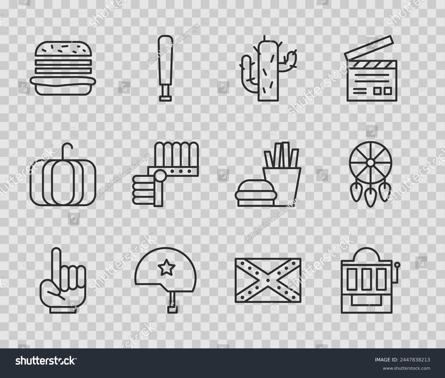 SVG of Set line Number 1 one fan hand glove, Slot machine, Cactus, Military helmet, Burger, Indian headdress with feathers, Flag Confederate and Dream catcher icon. Vector svg