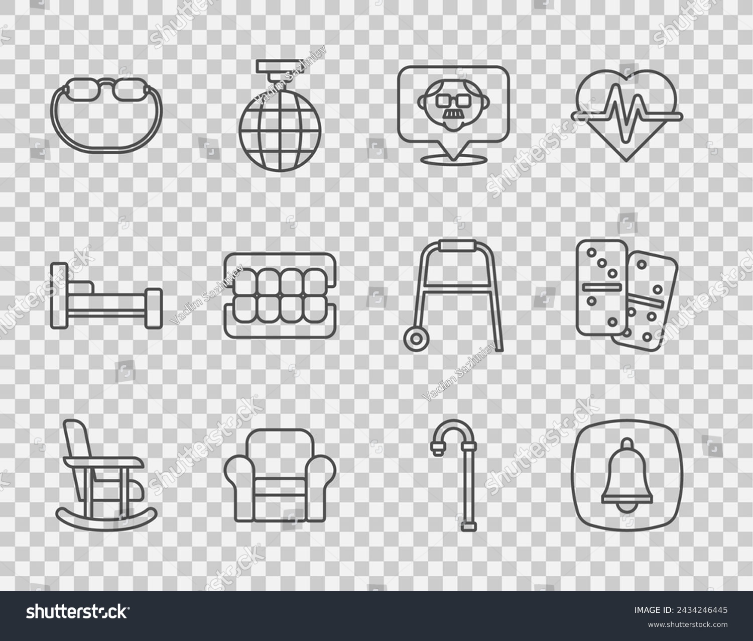 SVG of Set line Rocking chair, Emergency phone call, Grandfather, Armchair, Eyeglasses, False jaw, Walking stick cane and Domino icon. Vector svg