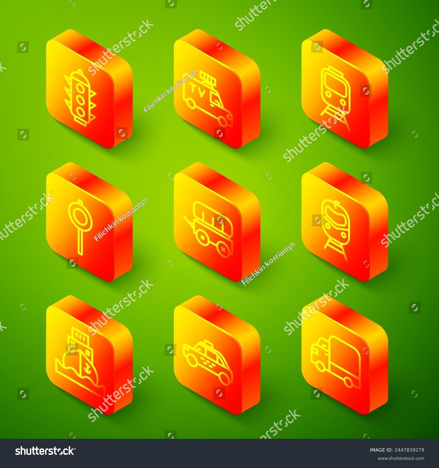 SVG of Set line Traffic light, TV News car, Train and railway, Road traffic signpost, Wild west covered wagon, Cargo ship and Taxi icon. Vector svg