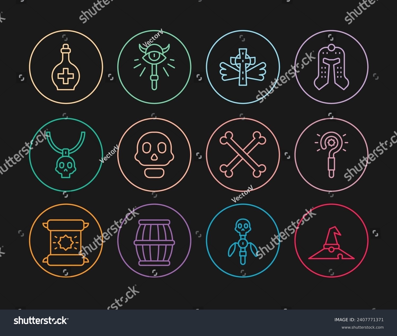 SVG of Set line Witch hat, Magic wand, Christian cross, Skull, Necklace amulet, Bottle with potion, Crossed human bones and staff icon. Vector svg