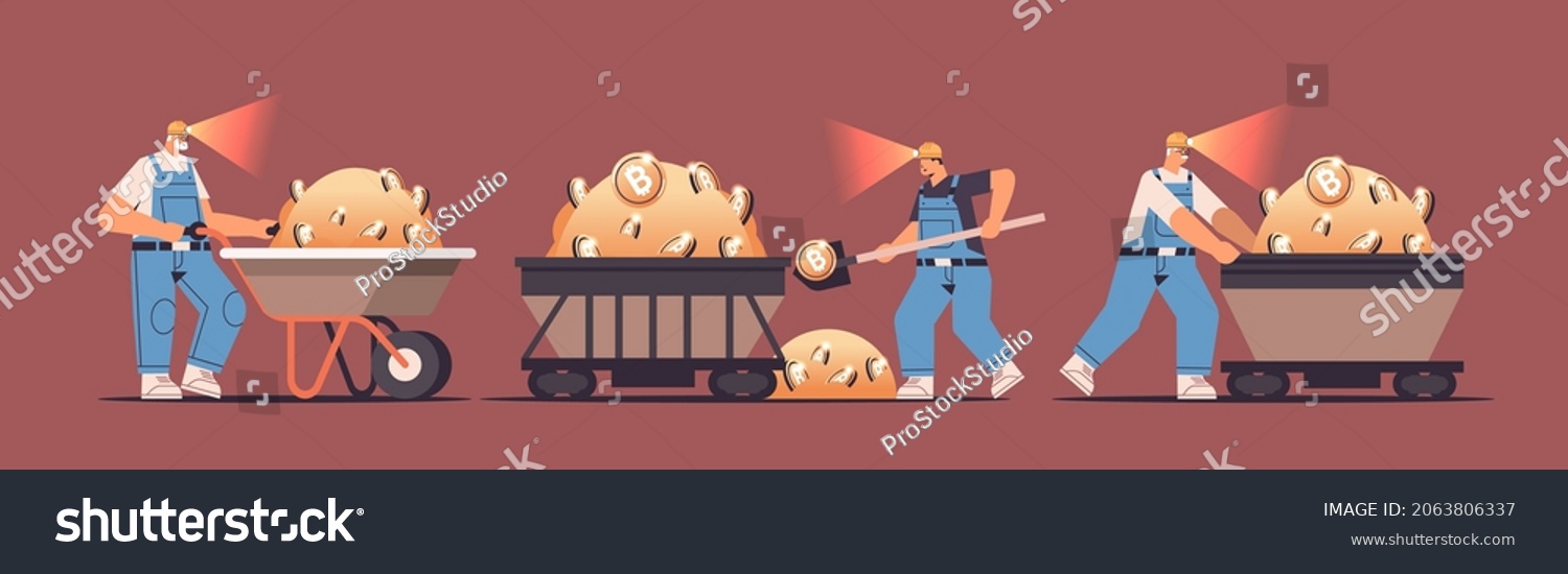 SVG of set men miners digging and extracting bitcoins in mine cave mining crypto coins digital cryptocurrency blockchain svg