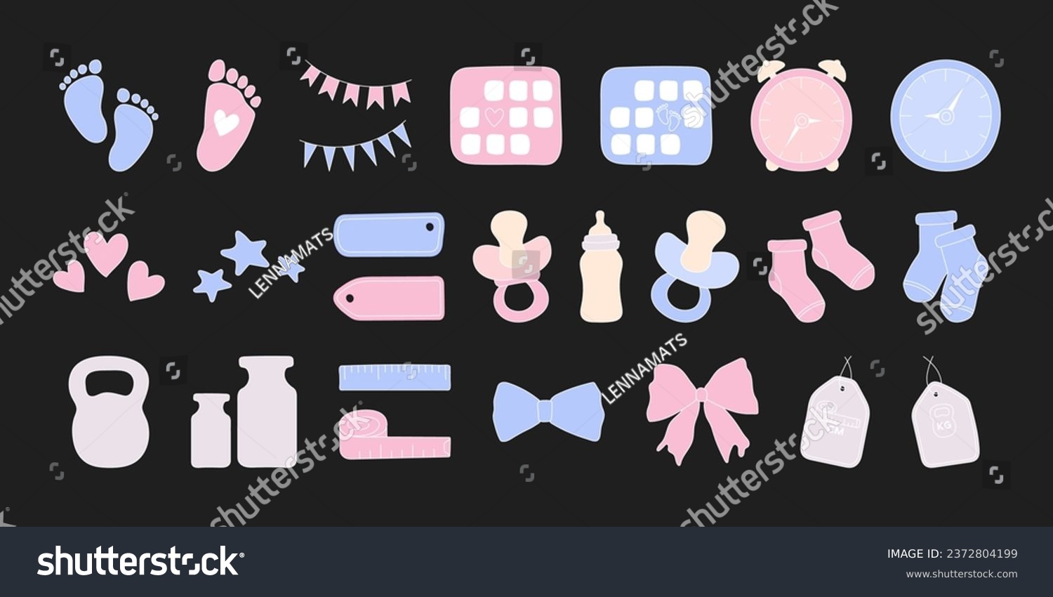 SVG of Set newborn hand drawn elements. Gender party vector icons. Birth stats colorful illustrations. Age, height, weight data and cute baby accessories. Set baby metric colored doodles. Birth announcement. svg