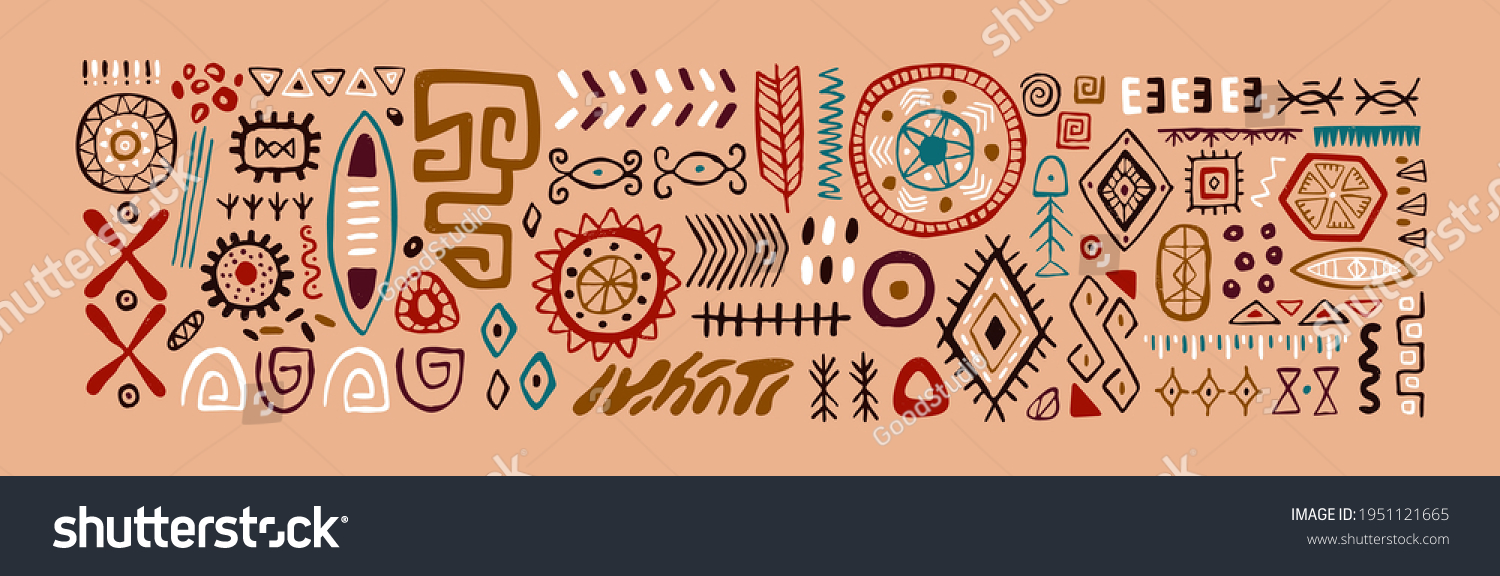 SVG of Set of abstract African tribal geometric shapes, ancient ethnic traditional symbols and ornate signs. Hand-drawn oriental elements in doodle style. Isolated colored flat vector illustrations svg