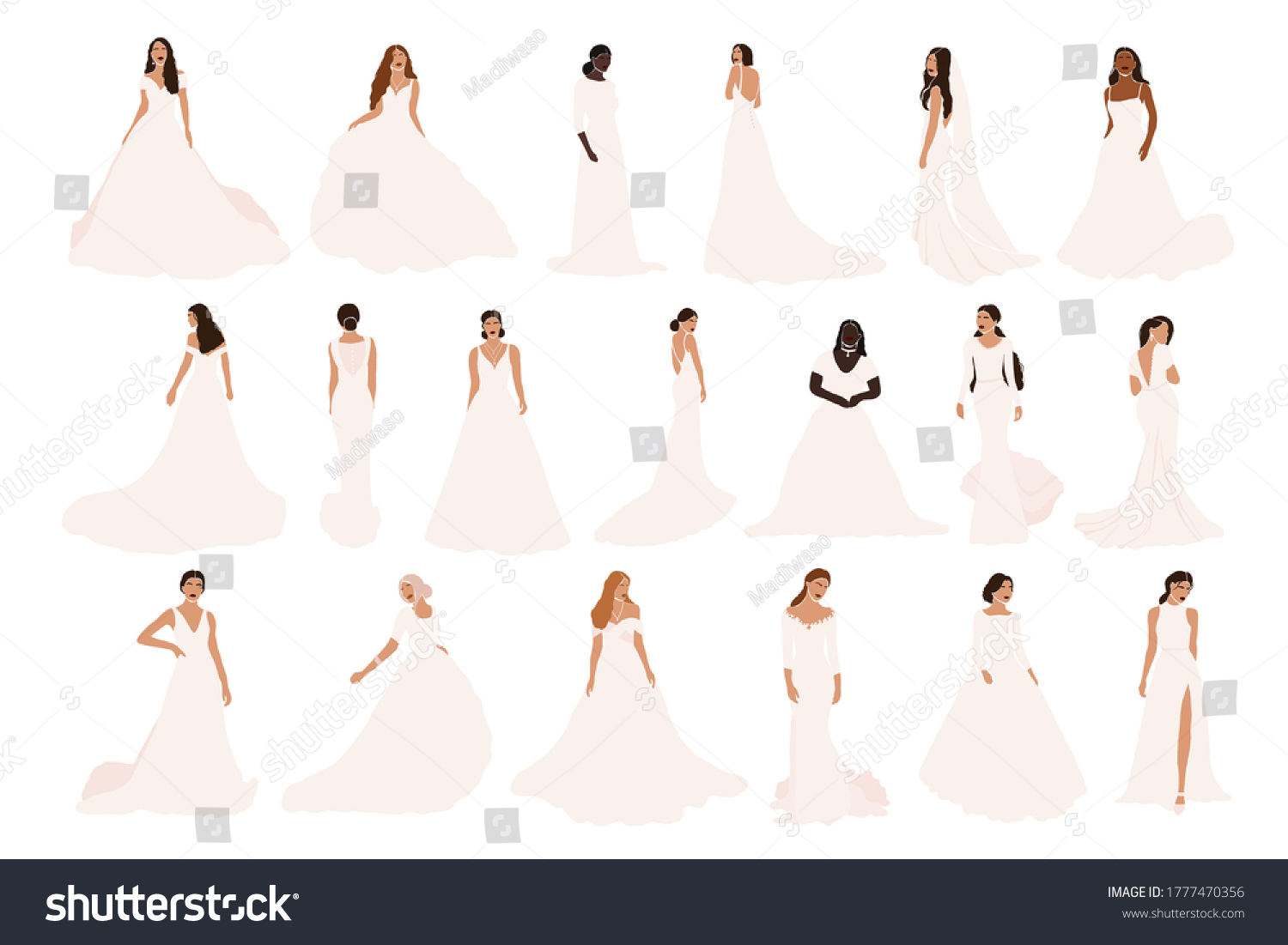 SVG of Set of abstract brides in various wedding dress isolated on white background. Different nationalities african american latin european bride fiancee woman vector illustration in cartoon flat style svg