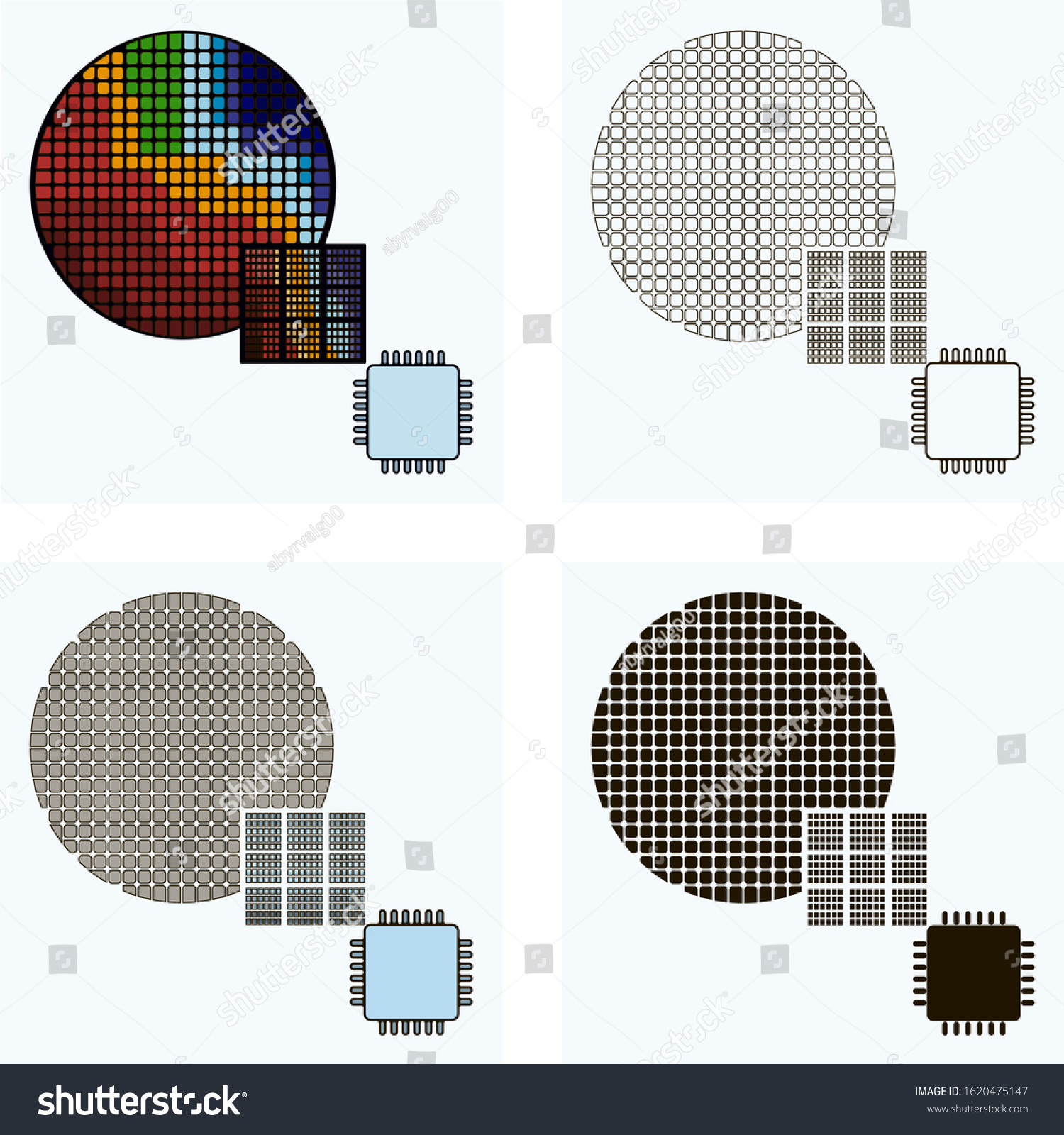 SVG of Set of abstract  line art vector industry icons featuring electronics or semiconductor circuits manufacturing or  fab production process with semiconductor  wafer, printed circuits, microchips.  svg