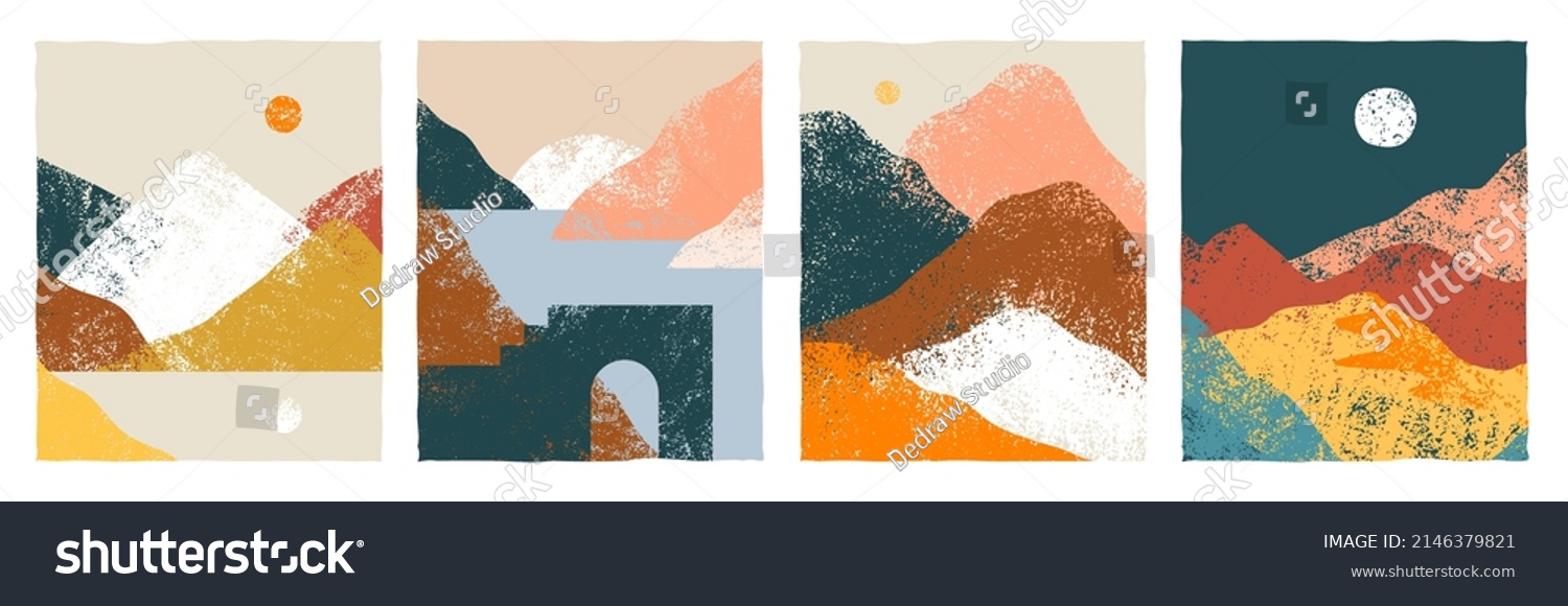 SVG of Set of abstract mountain landscape collection. Trendy hand drawn mural art backgrounds of diverse travel scenery painting. Nature environment, coast biome, multicolor hills, desert dunes. svg