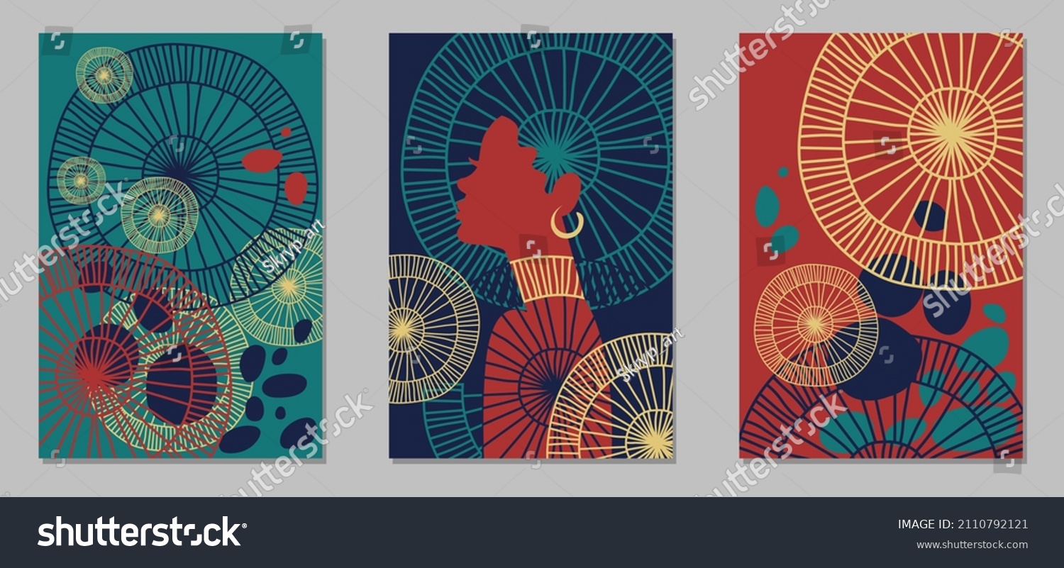 SVG of Set of abstract posters with black woman and African motifs. Flat design in dark colors, blue, emerald, red and beige. Vector backgrounds for print, cover and wall art. svg