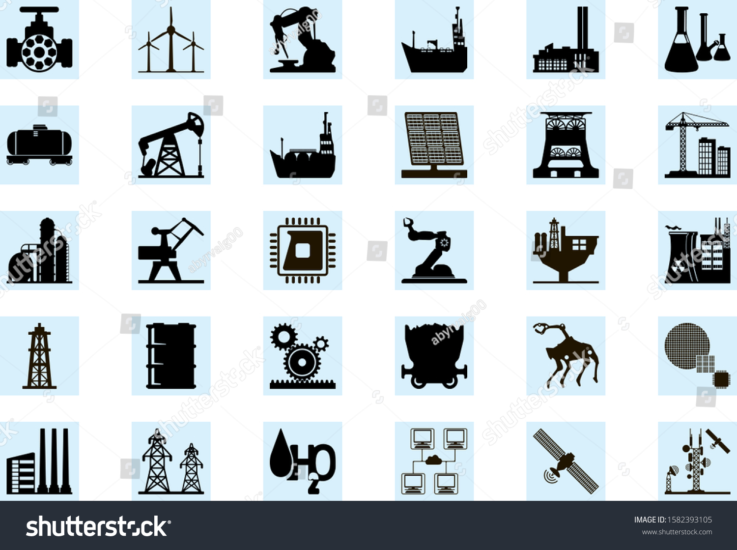 SVG of Set of abstract  silhouette industry icons featuring energy, oil an gas, solar, wind energy,  oil rigs, mining, power lines, robots, equipment, construction, telecommunications tower and satellite.  svg