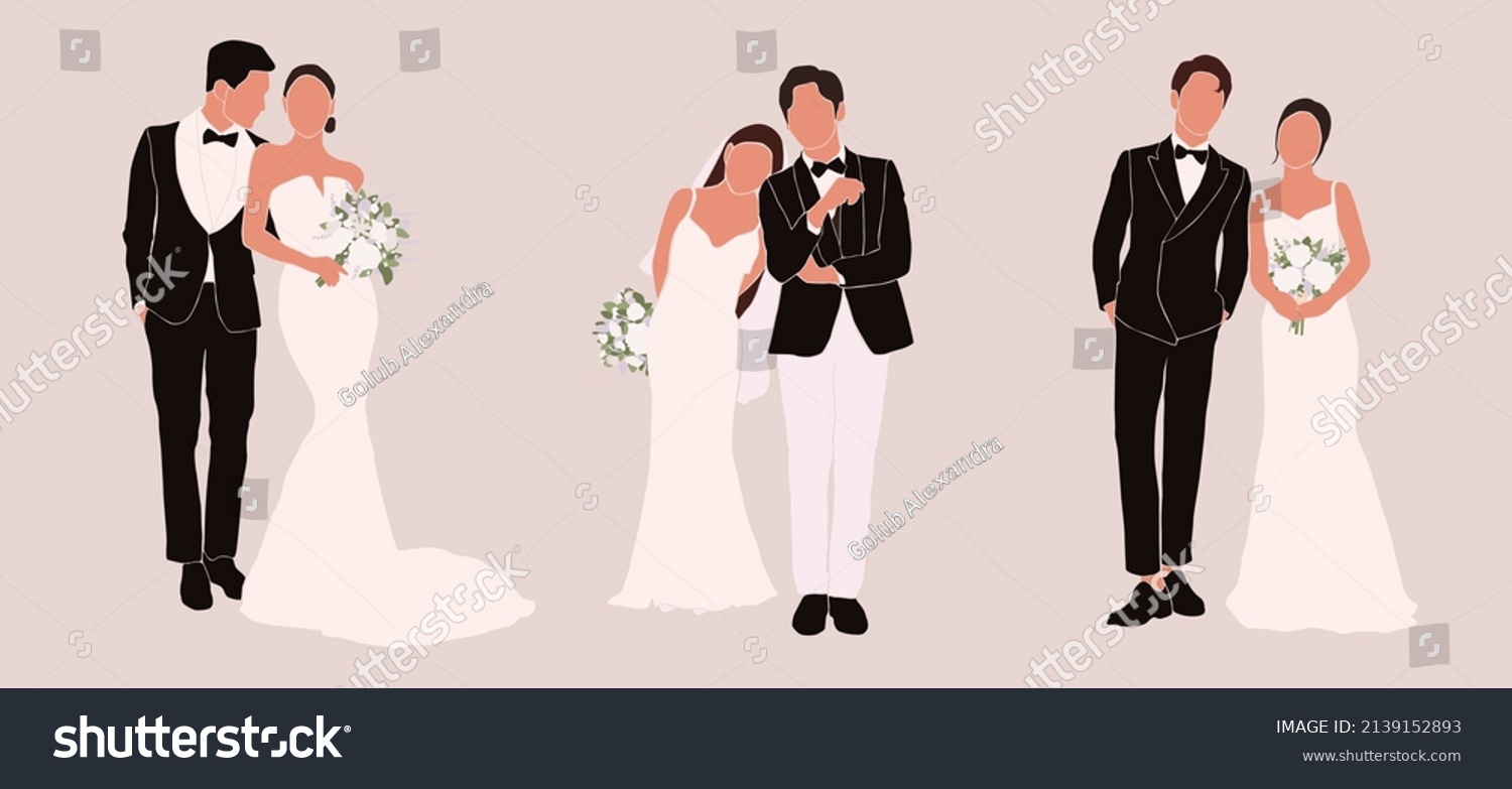 SVG of Set of abstract silhouette of wedding couple groom and bride. Woman with bouquet and man portrait. Invitation card. Wedding ceremony. Marriage people vector illustration. Newlyweds poster print decor svg