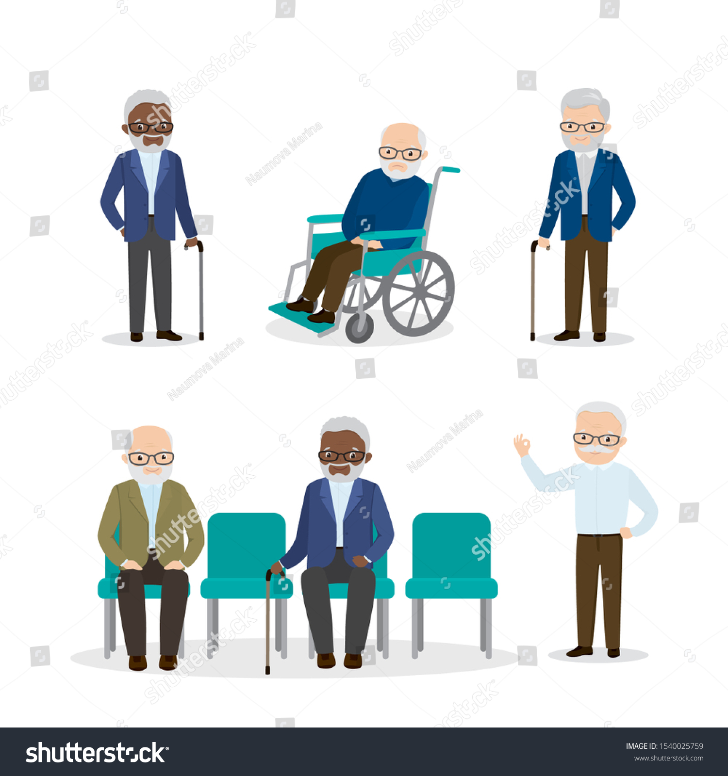 Set African American Caucasian Seniors Cartoon Stock Vector (Royalty ...