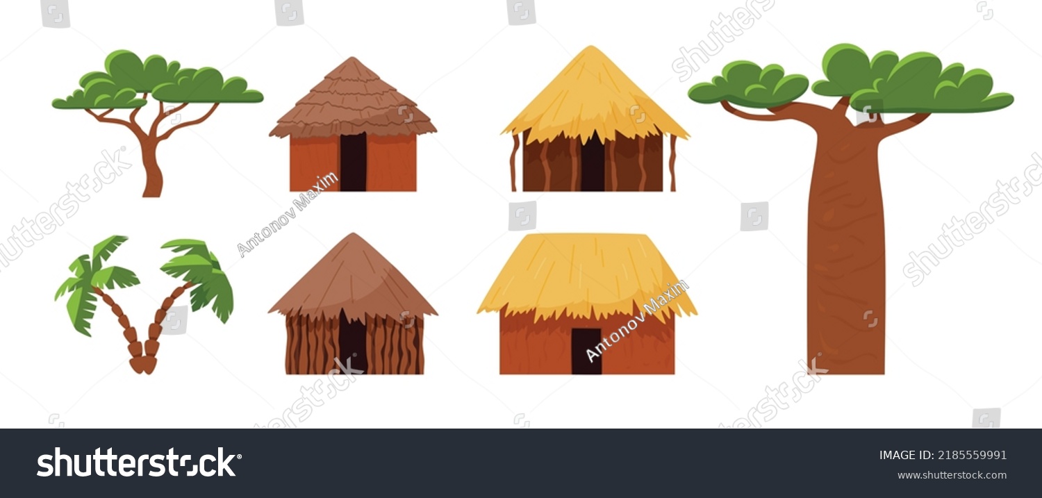 SVG of Set of African huts and trees flat style, vector illustration isolated on white background. South dwellings with yellow and brown thatched roof, baobab, palms svg