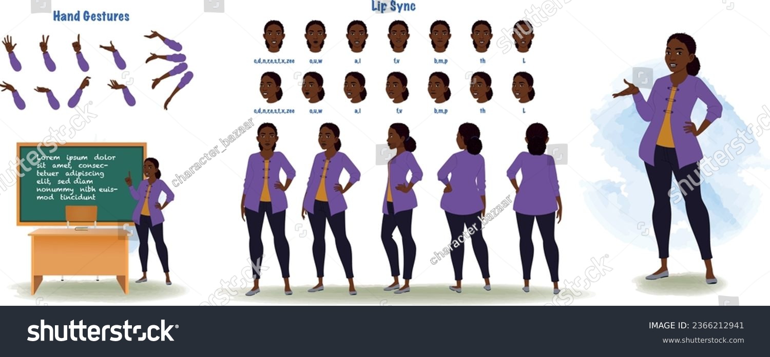SVG of Set of african teacher character design. Character Model sheet. Front, side, back view animated character. Teacher character creation set with various views, poses and gestures. Cartoon style, flat ve svg