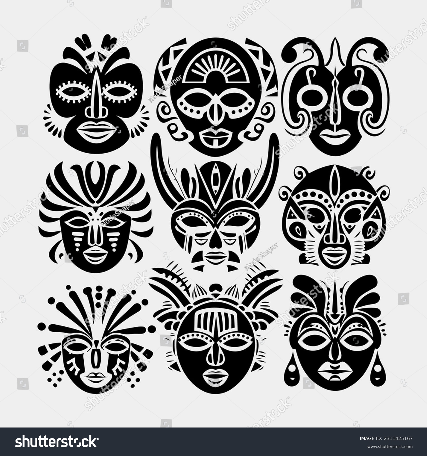 SVG of Set of african tribal masks. Collection of different indian, aztec mask on white background svg