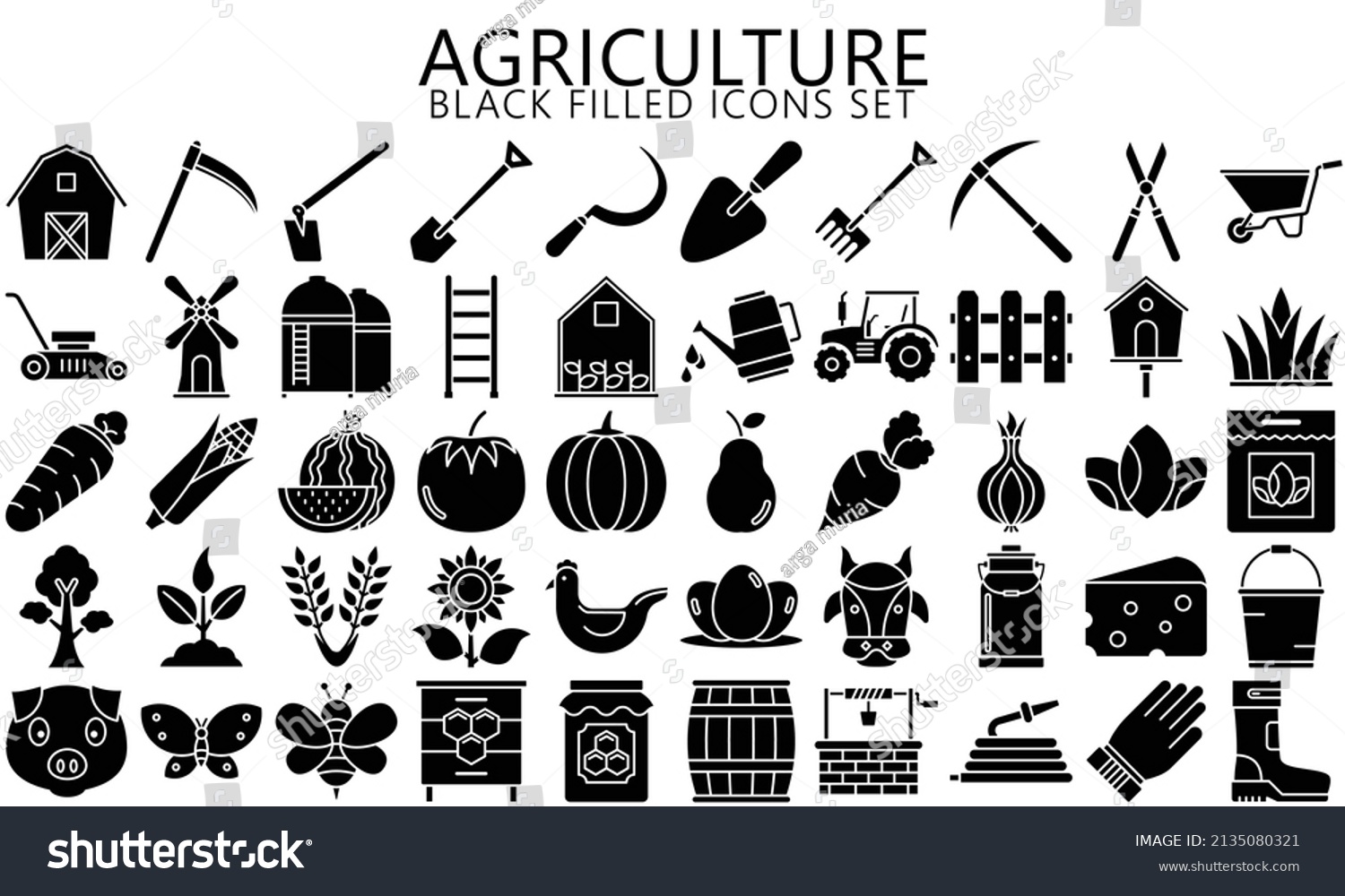 SVG of Set of Agriculture and Farming Icons. Contains such Icons farmers equipment, tractors, vegetables. Used for web, UI, UX kit and applications, vector EPS 10 ready convert to SVG. svg