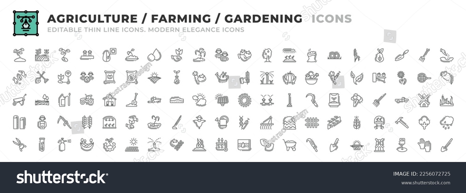 SVG of Set of 100 Agriculture and Farming icons. Thin line outline icons such as fertilizer, land, biology, harvest, trees, ultraviolet, compost, hay, oat, high fiber, trowel, fork, sowing seed, demeter svg