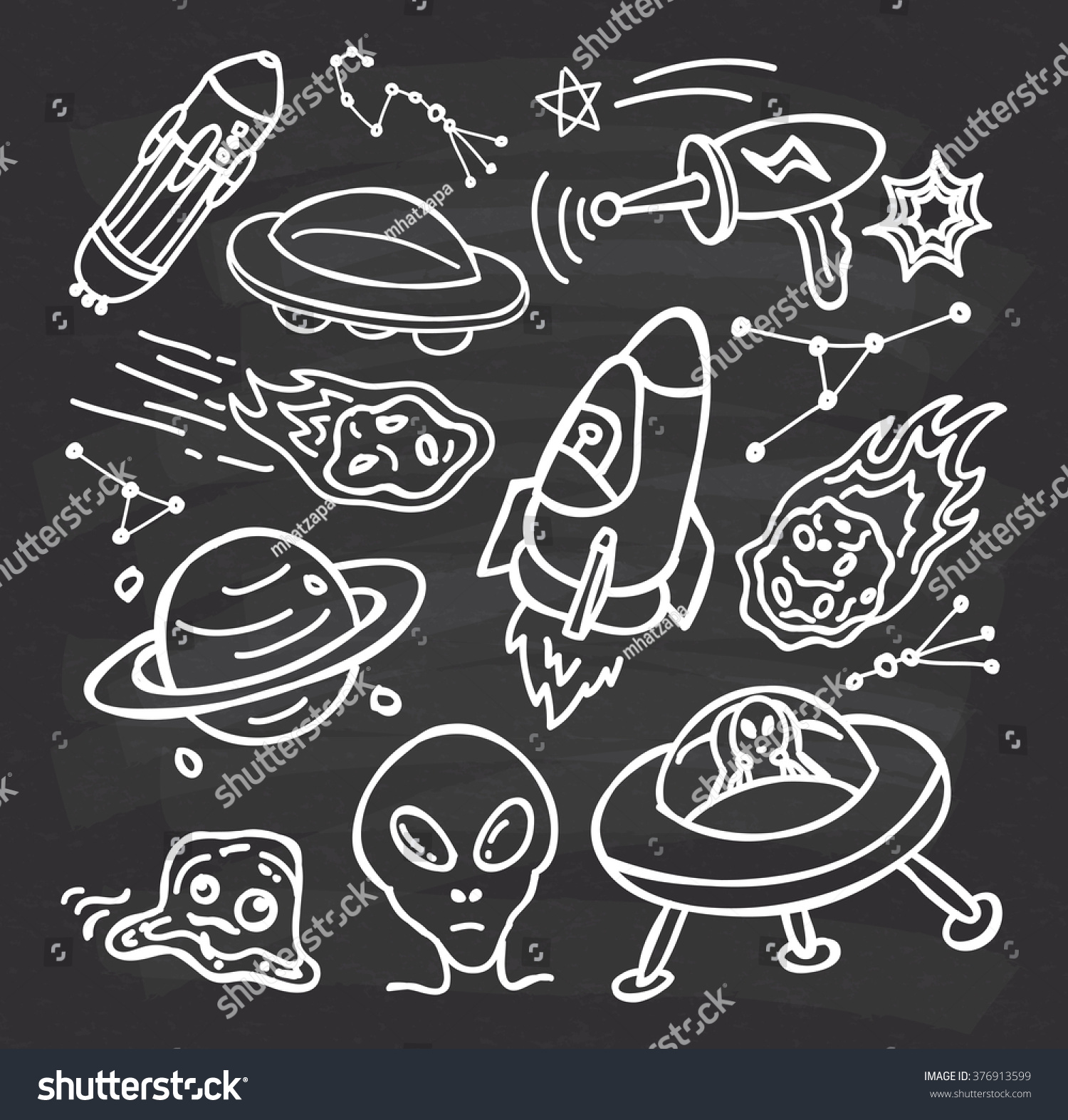 Set Alien Doodle On Chalkboard Background Stock Vector 376913599