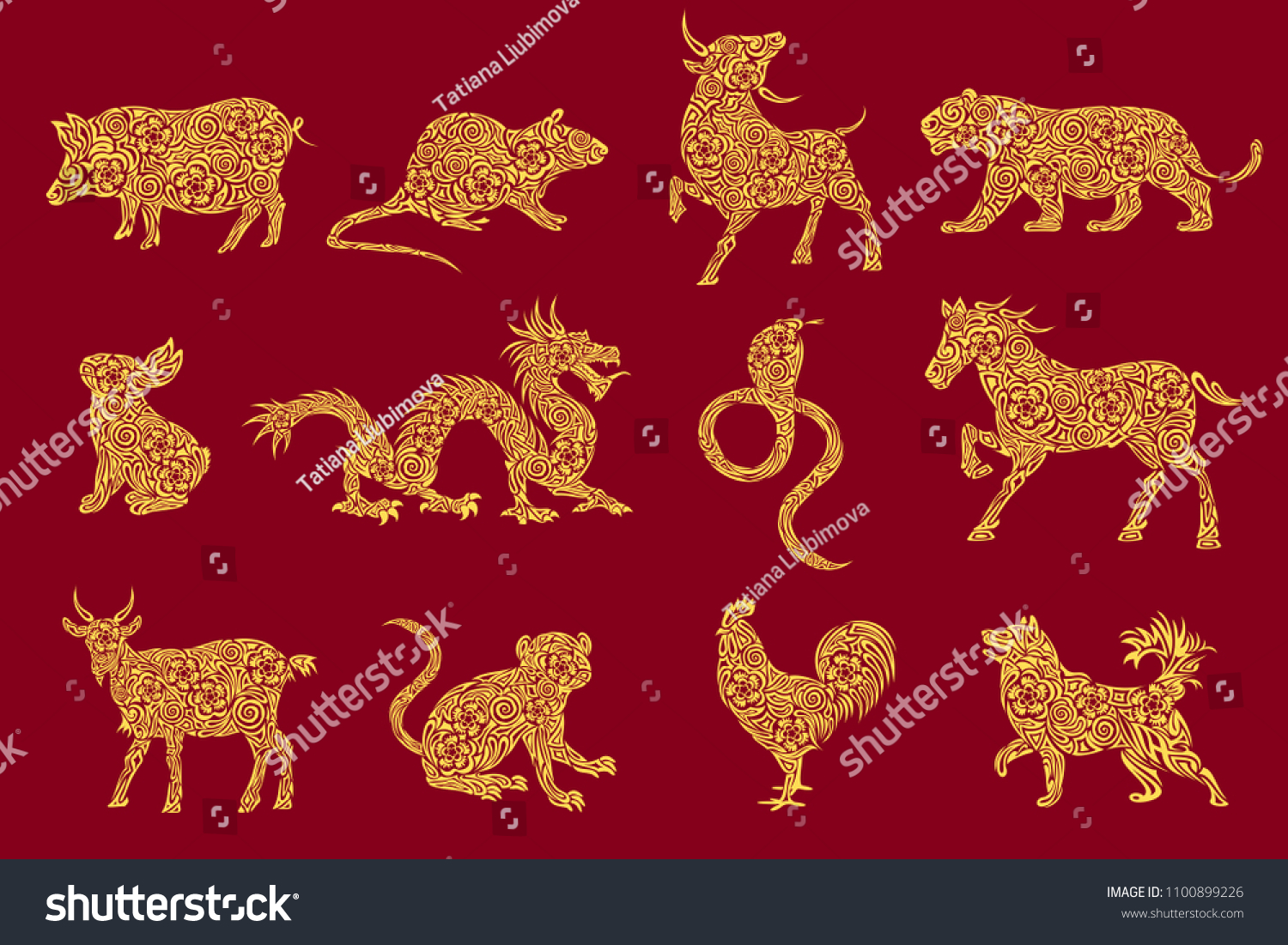 SVG of Set of all 12 zodiac animals for Chinese New Year celebration design. Vector illustrations in paper cut style. svg