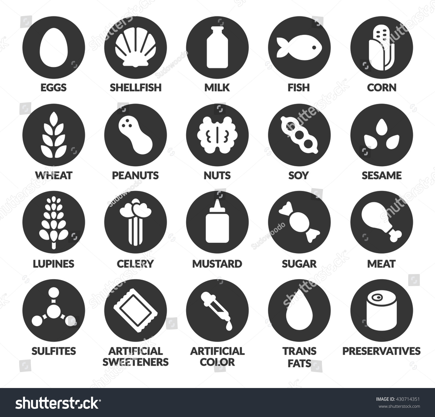 SVG of Set of 20 allergen ingredient icons. Eggs and dairy, nuts and soy, sulfites and preservatives, and other allergy causing foods. svg
