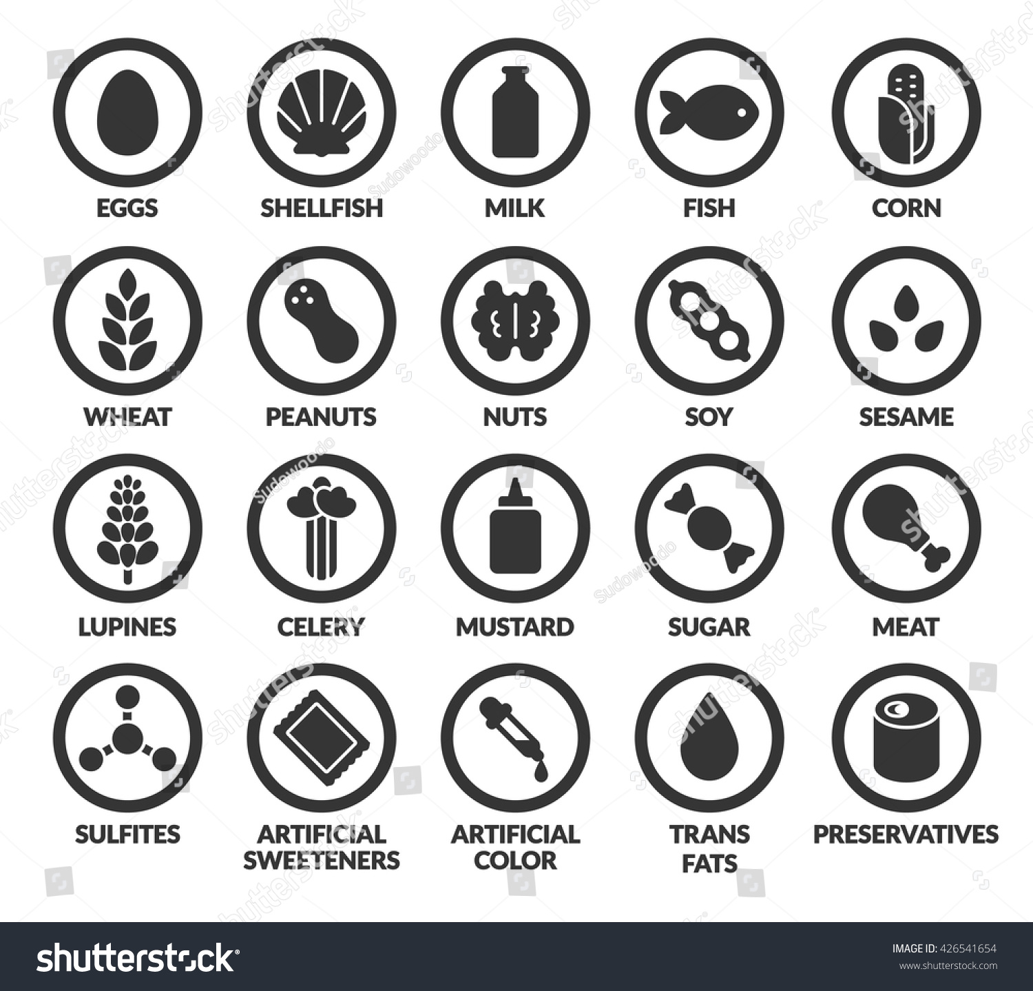 SVG of Set of allergy ingredient warning icons. Common allergens symbols. Gluten and sesame sensitivity, fish, soy, artificial colors and preservatives, and more. svg