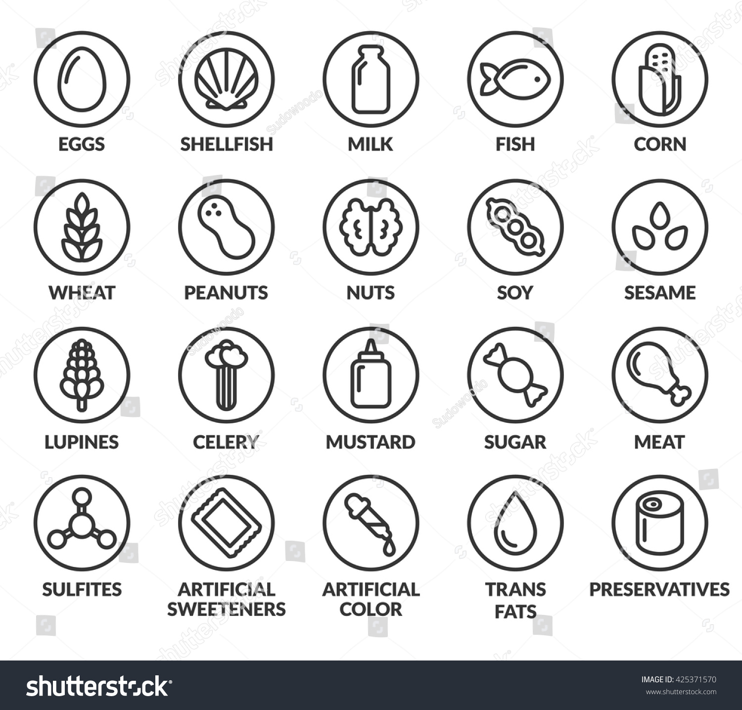 SVG of Set of allergy ingredient warning labels. Common allergens icons. Gluten and sulfite sensitivity, celery and mustard, artificial sweeteners and preservatives, and more. svg
