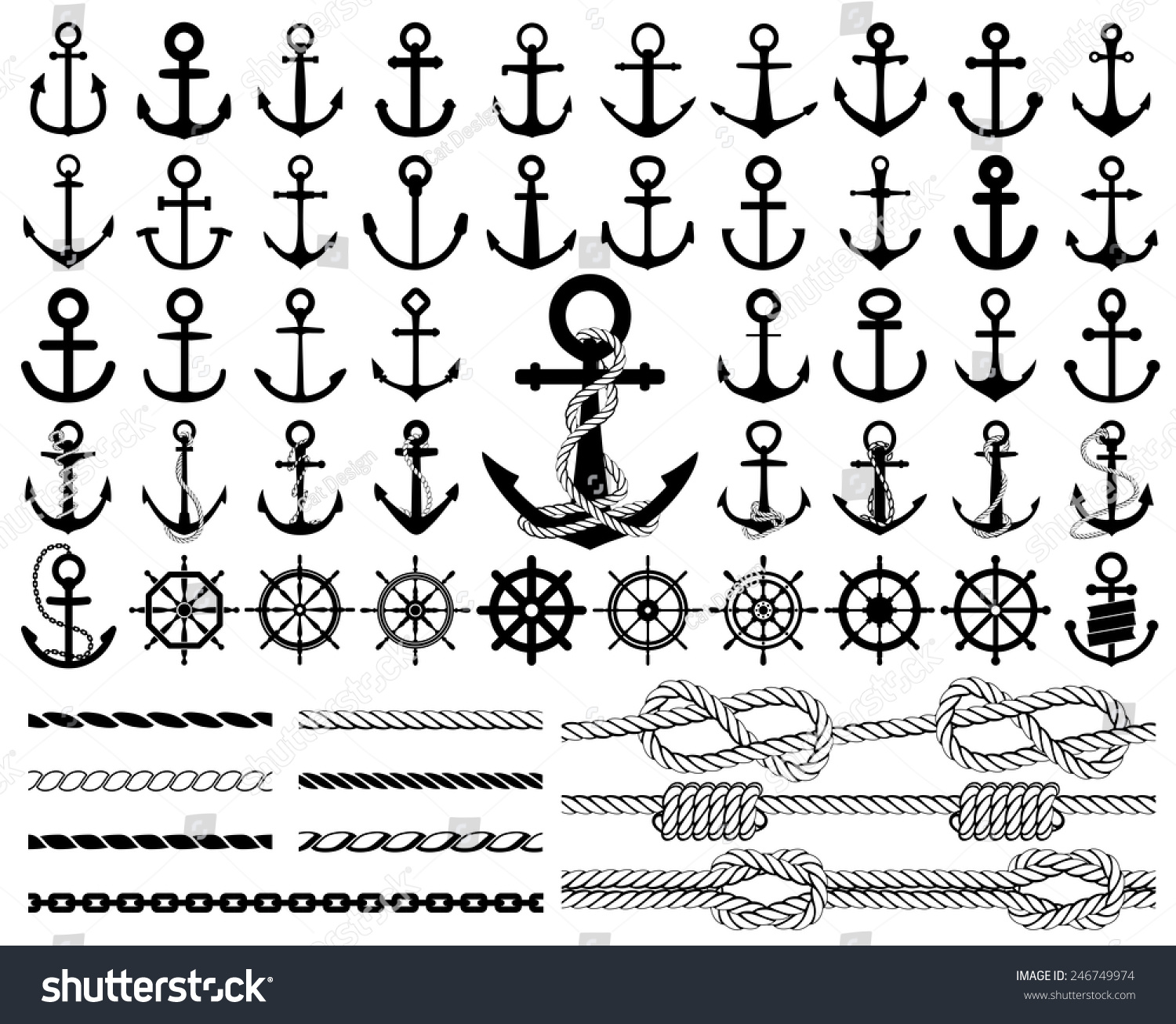 SVG of Set of anchors, rudders icons, and ropes. Vector illustration. svg