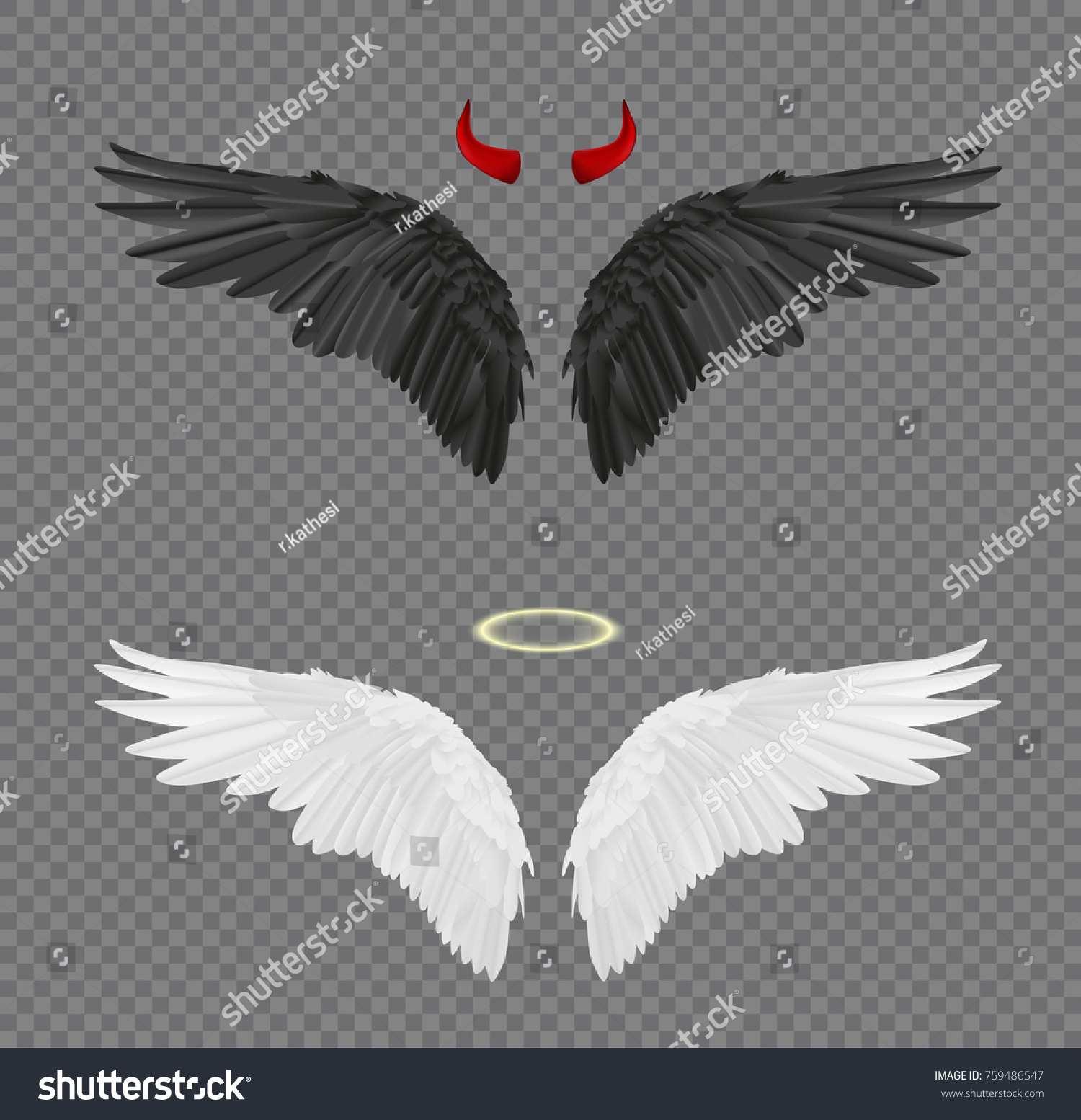 SVG of Set of angel and devil realistic wings, horns and halo isolated on transparent background svg