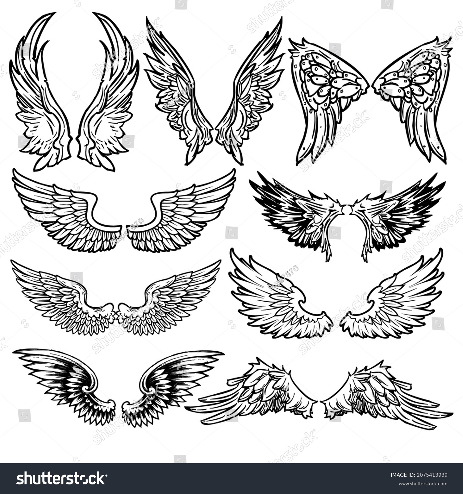 SVG of Set of angel wings. Wings collection Black white vector illustration. Tattoo. svg