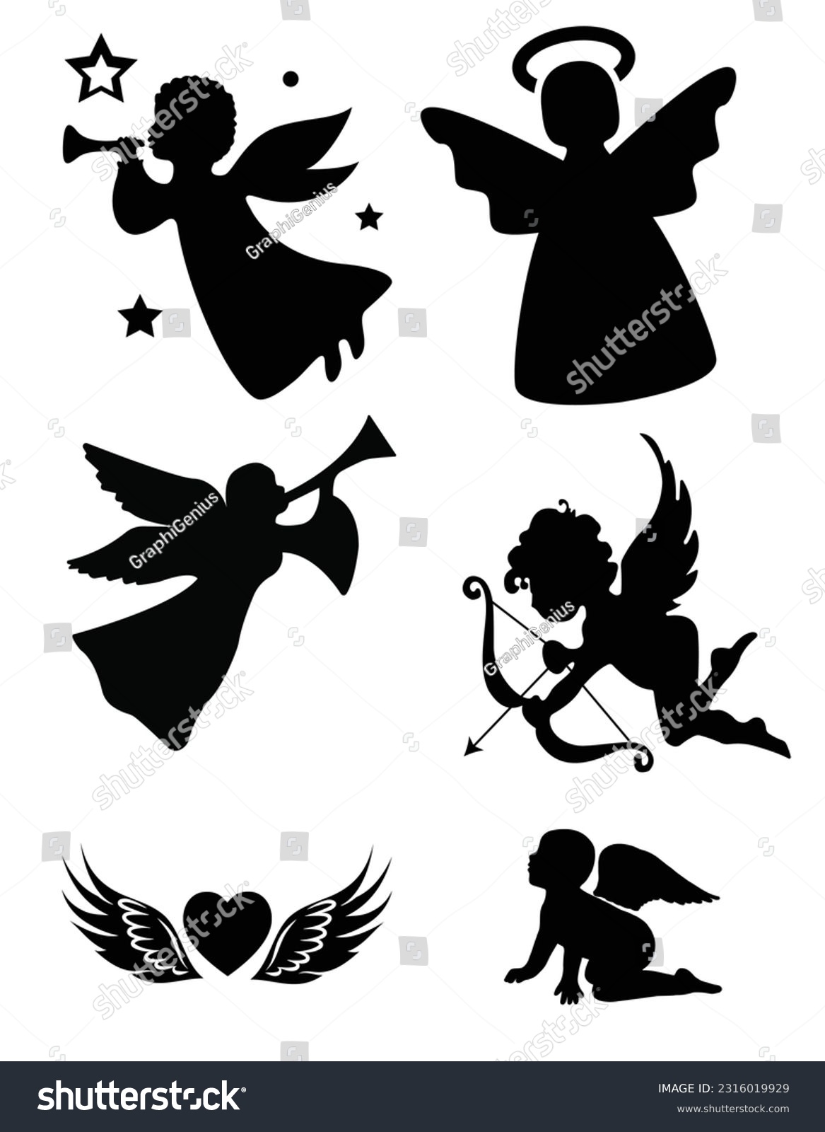 SVG of Set of angels with wings Icon, Angel, Christmas Angel, Angel with trumpet, Christmas Angel with trumpet svg