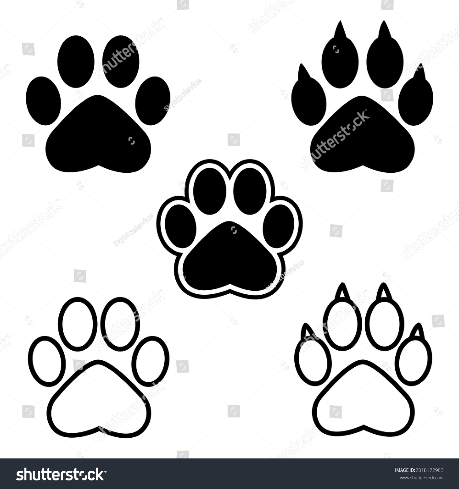 SVG of Set of animal paw print. Paw prints, icon. Vector paw. Dog, puppy, cat, bear, wolf. Legs. Foot prints. svg