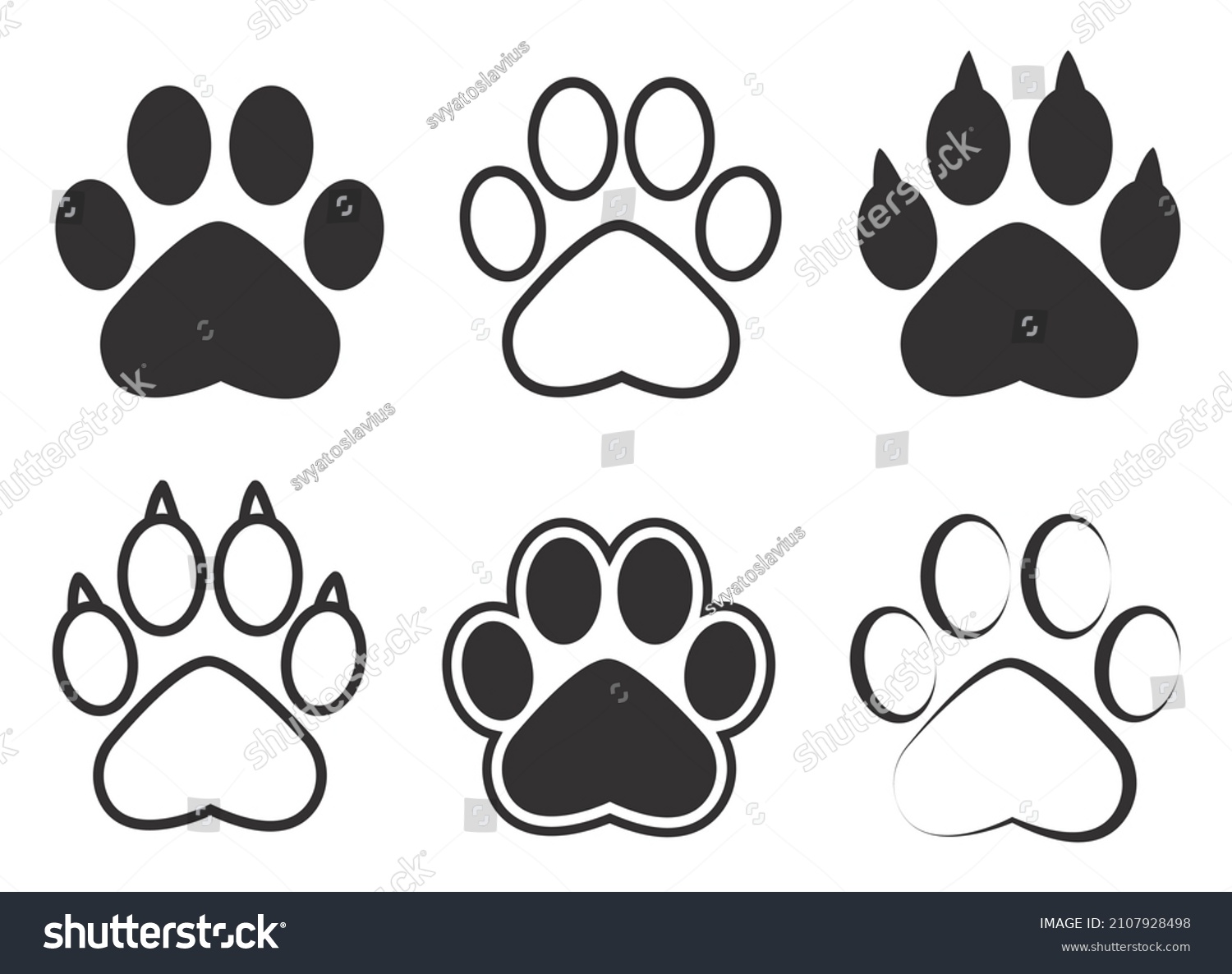 SVG of Set of animal paw print. Paw prints, icon. Vector paw. Dog, puppy, cat, bear, wolf. Legs. Foot prints. svg