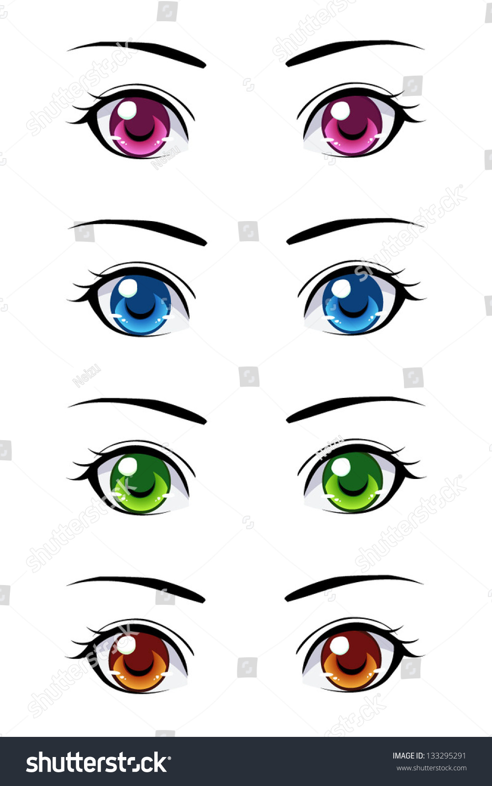 Set Of Anime Style Eyes Of Different Colors, Isolated On White. Stock ...
