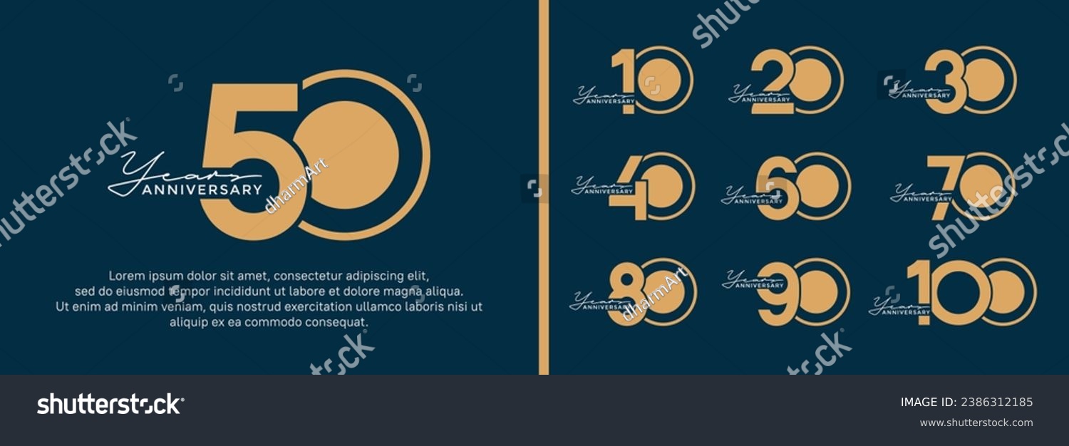 SVG of set of anniversary logo style flat golden color on blue background for celebration svg