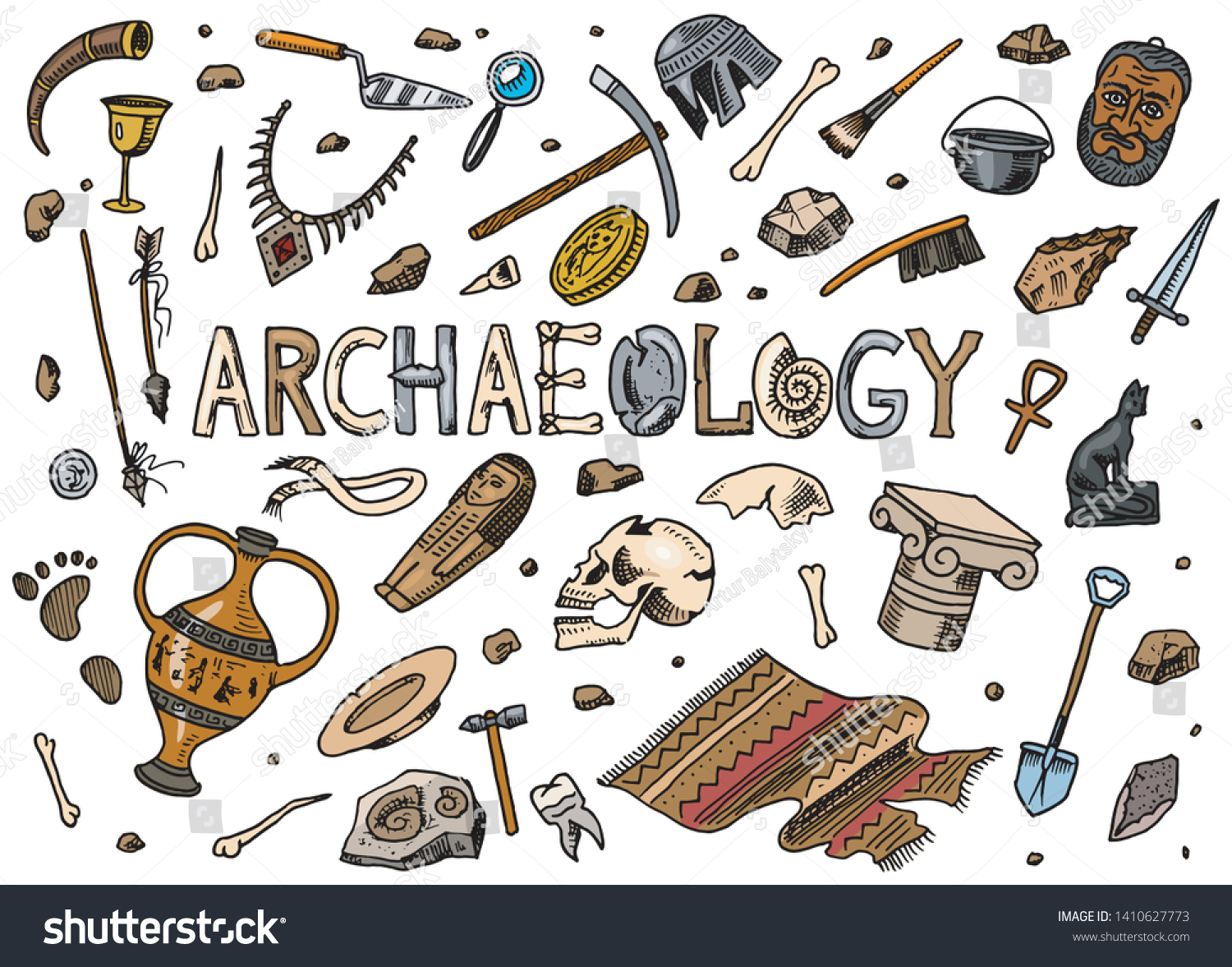 Set Archeology Tools Science Equipment Artifacts Stock Vector Royalty Free 1410627773