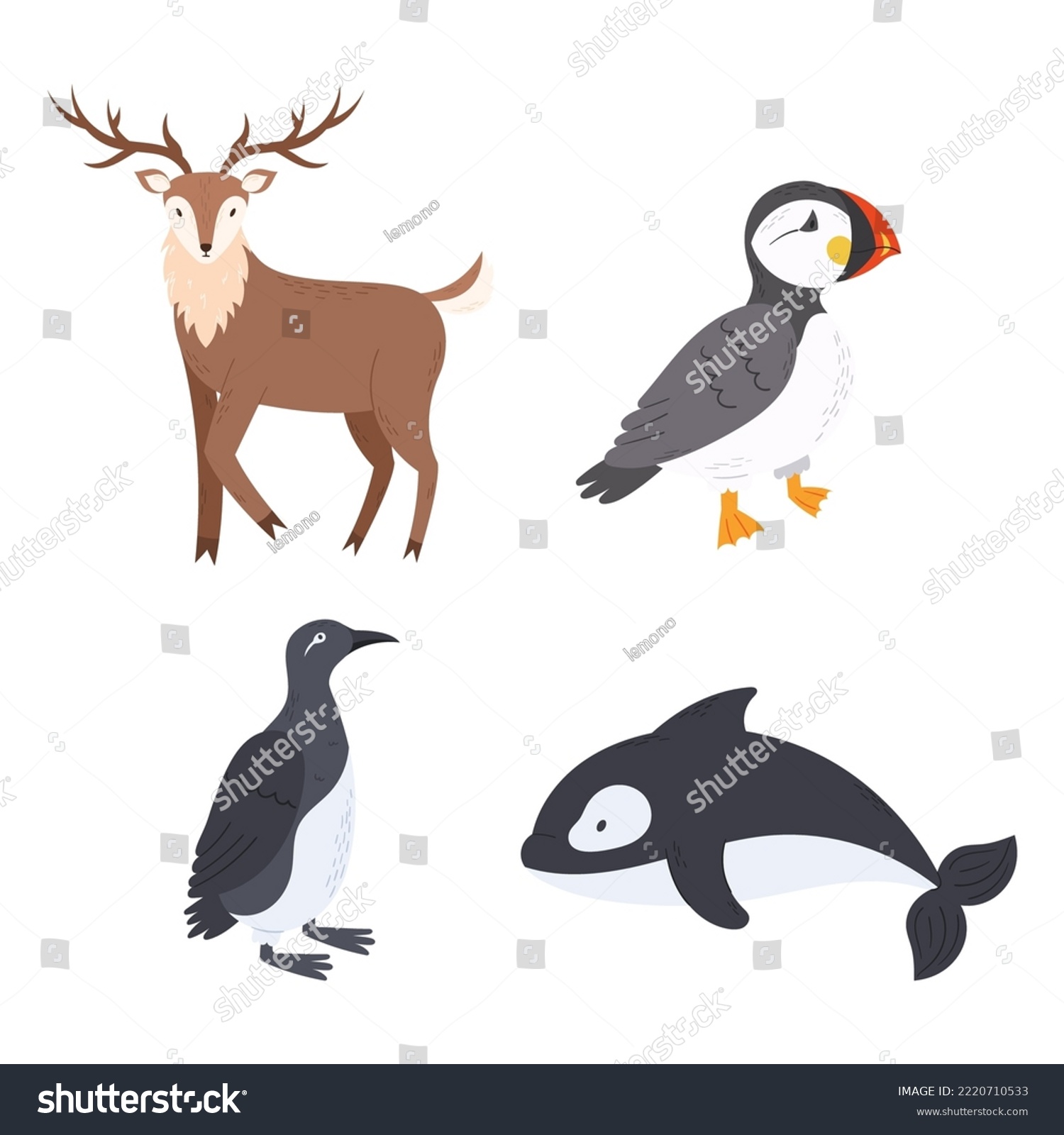 SVG of Set Of Arctic Animals Reindeer, Atlantic Puffin Or Sea Parrot And Penguin Birds With Killer Whale Wildlife Creatures, North Pole Animals Isolated On White Background. Cartoon Vector Illustration svg