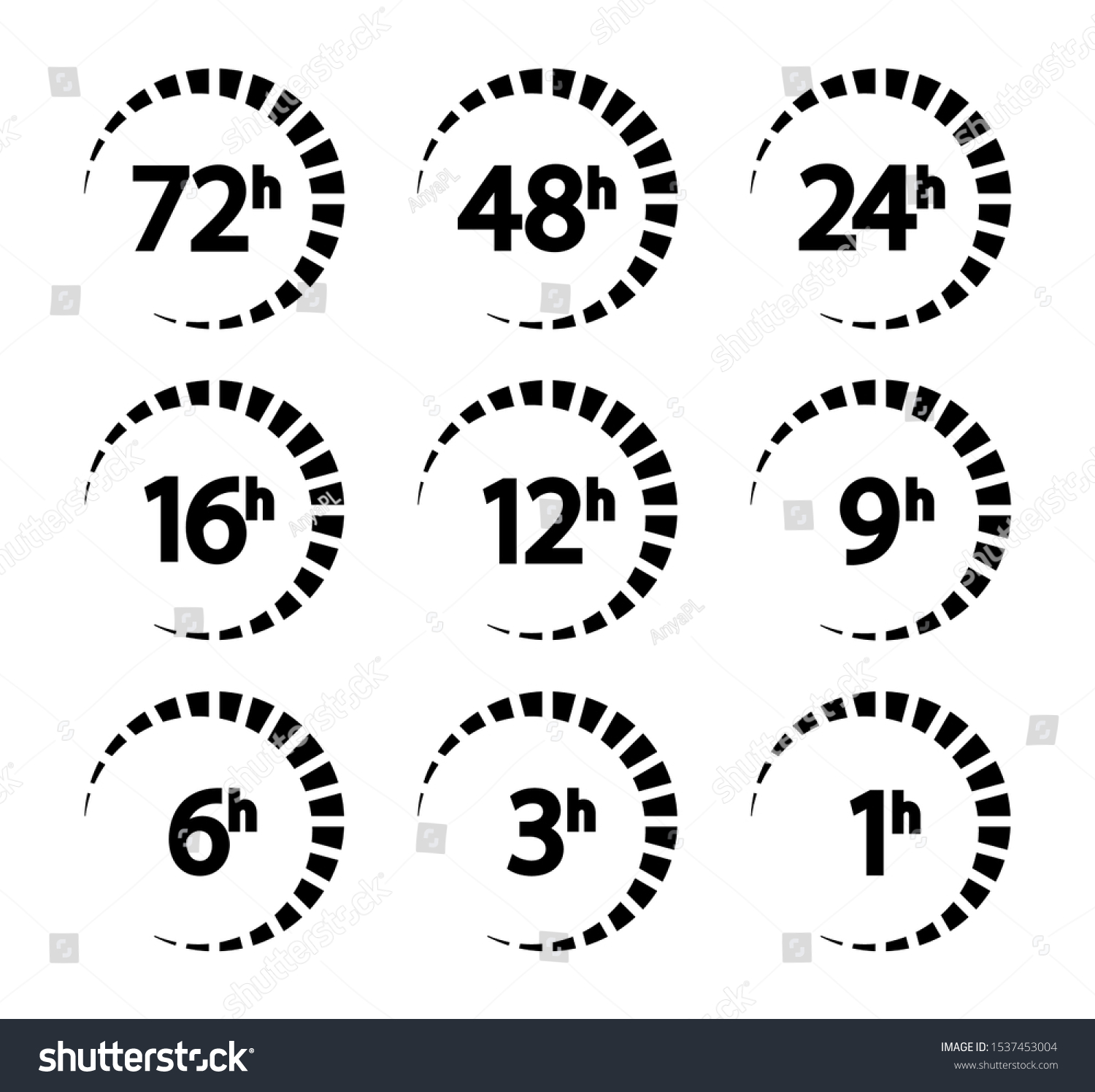 SVG of Set of arrows clock and time icons. 1, 3, 6, 9, 12, 16, 24, 48, 72 hours. svg